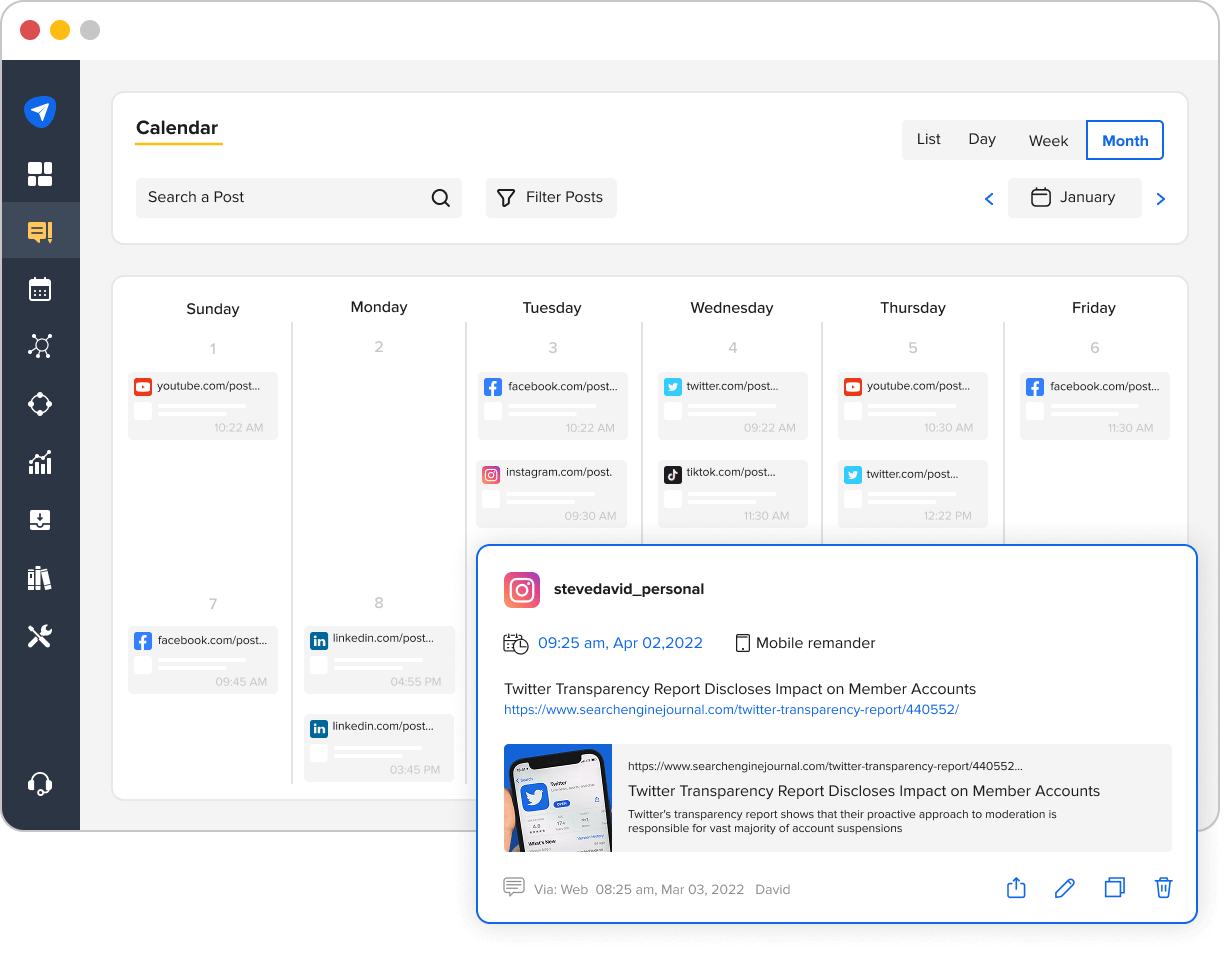 Social media calendar view in SocialPilot showing scheduled posts across platforms for one week in January.