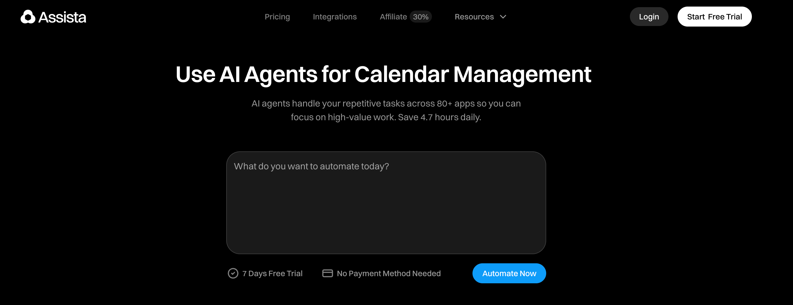 Assista homepage offering AI agents for calendar automation with a 7-day free trial and no payment needed.