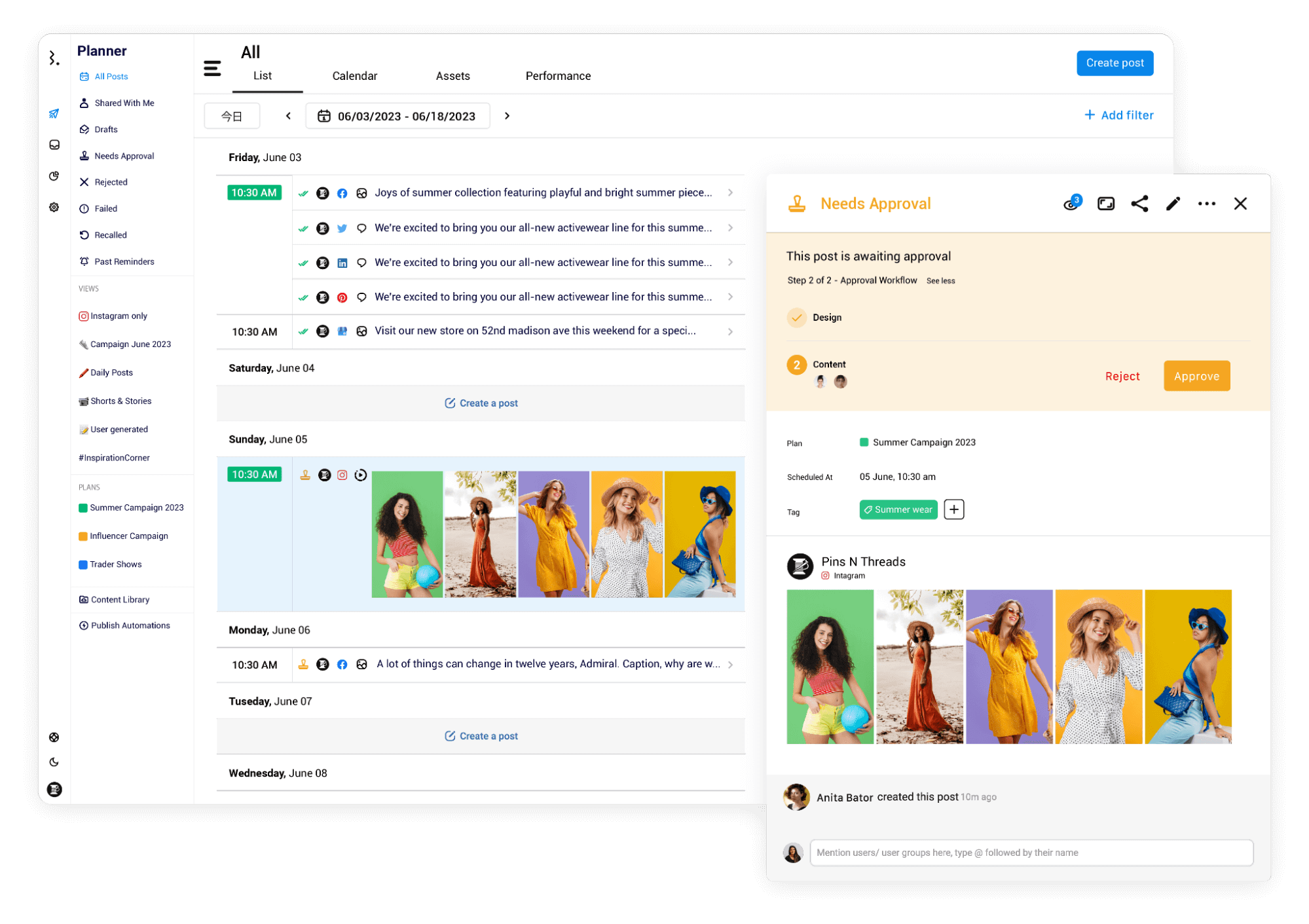 Vista de planificación de campañas en Statusbrew con publicaciones y calendario detallado.