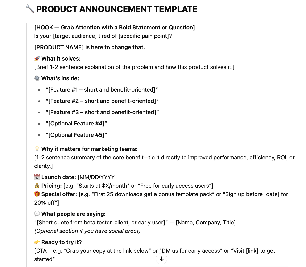 ChatGPT prompt structure for building a social media AI agent with fields for features and messaging.