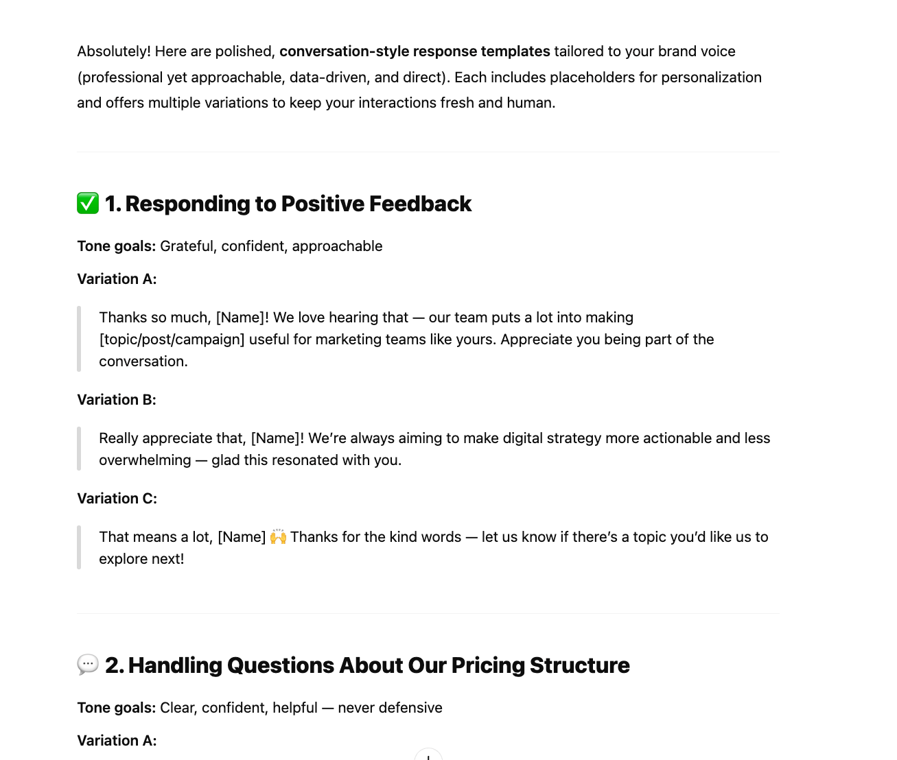 Social media reply templates created in ChatGPT by a trained AI agent for multiple scenarios.