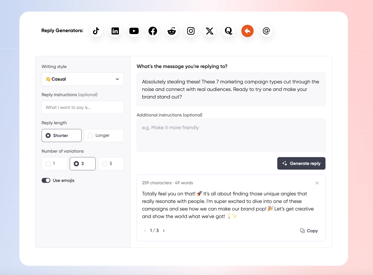  Planable AI reply generator with casual tone, emoji use, and multi-platform response settings.