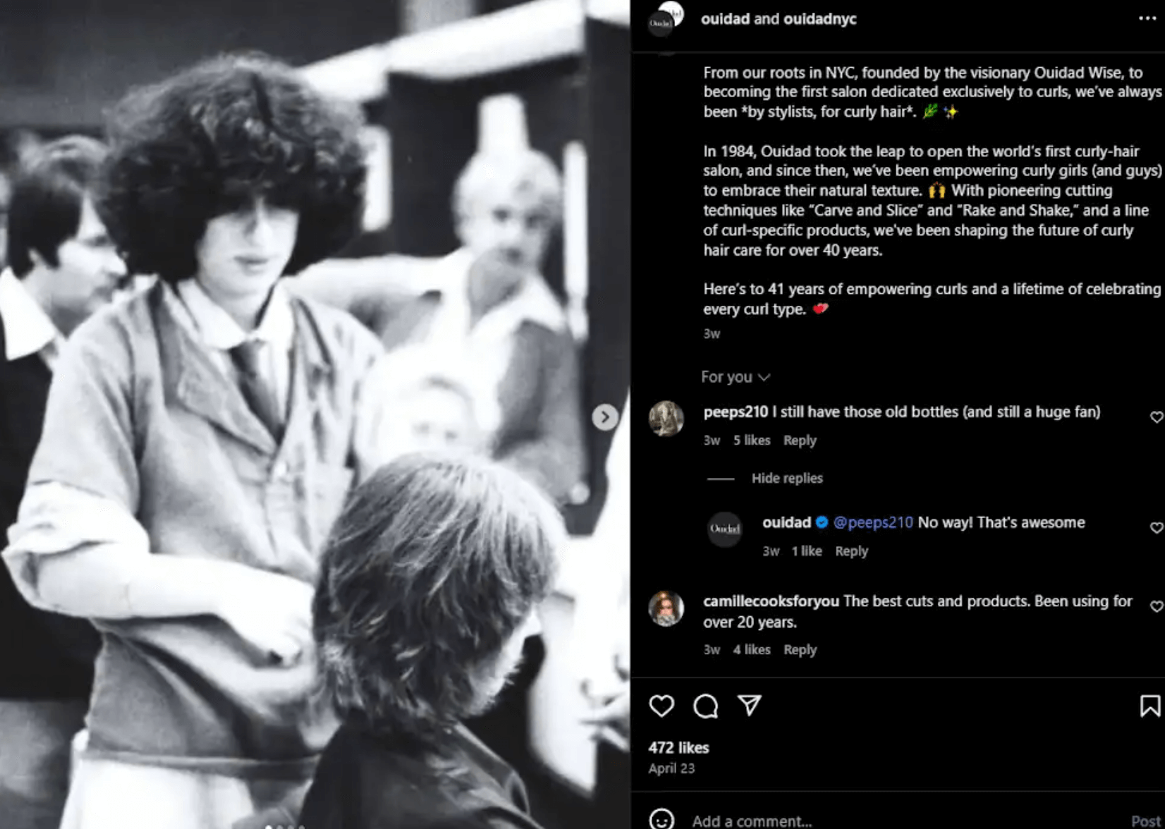 Archival salon photo with nostalgic user comments and brand loyalty reflections.