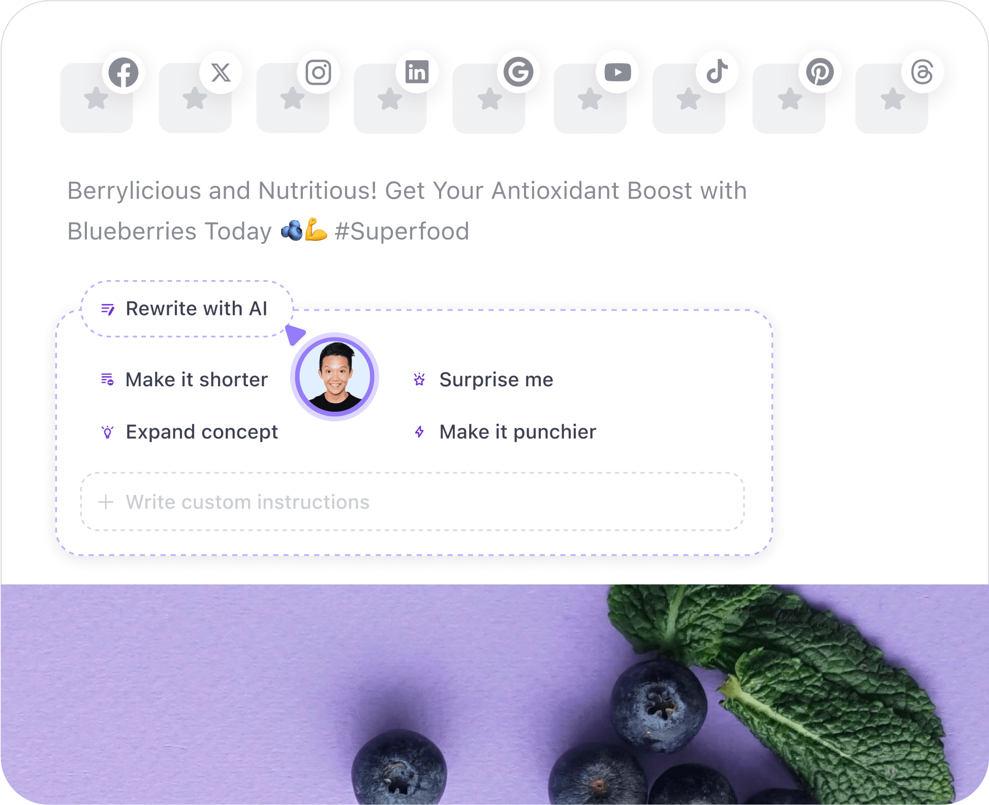 Planable’s AI rewrite feature offering quick caption edits like shorten, expand, or make punchier.