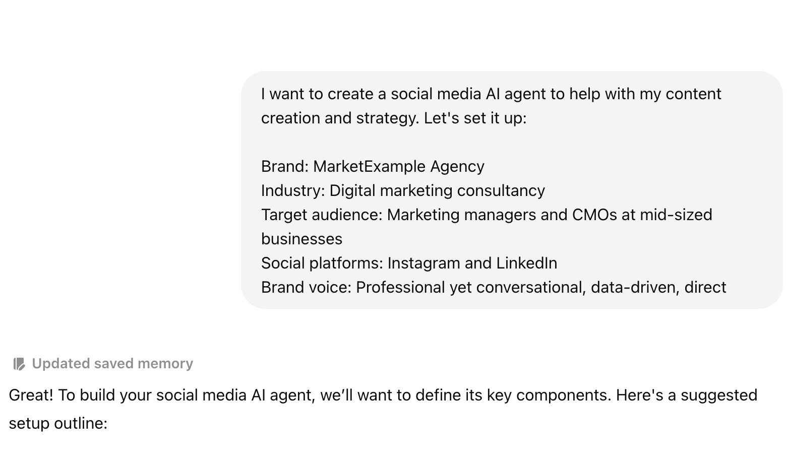 ChatGPT setup screen for a social media AI agent with brand tone and content instructions.