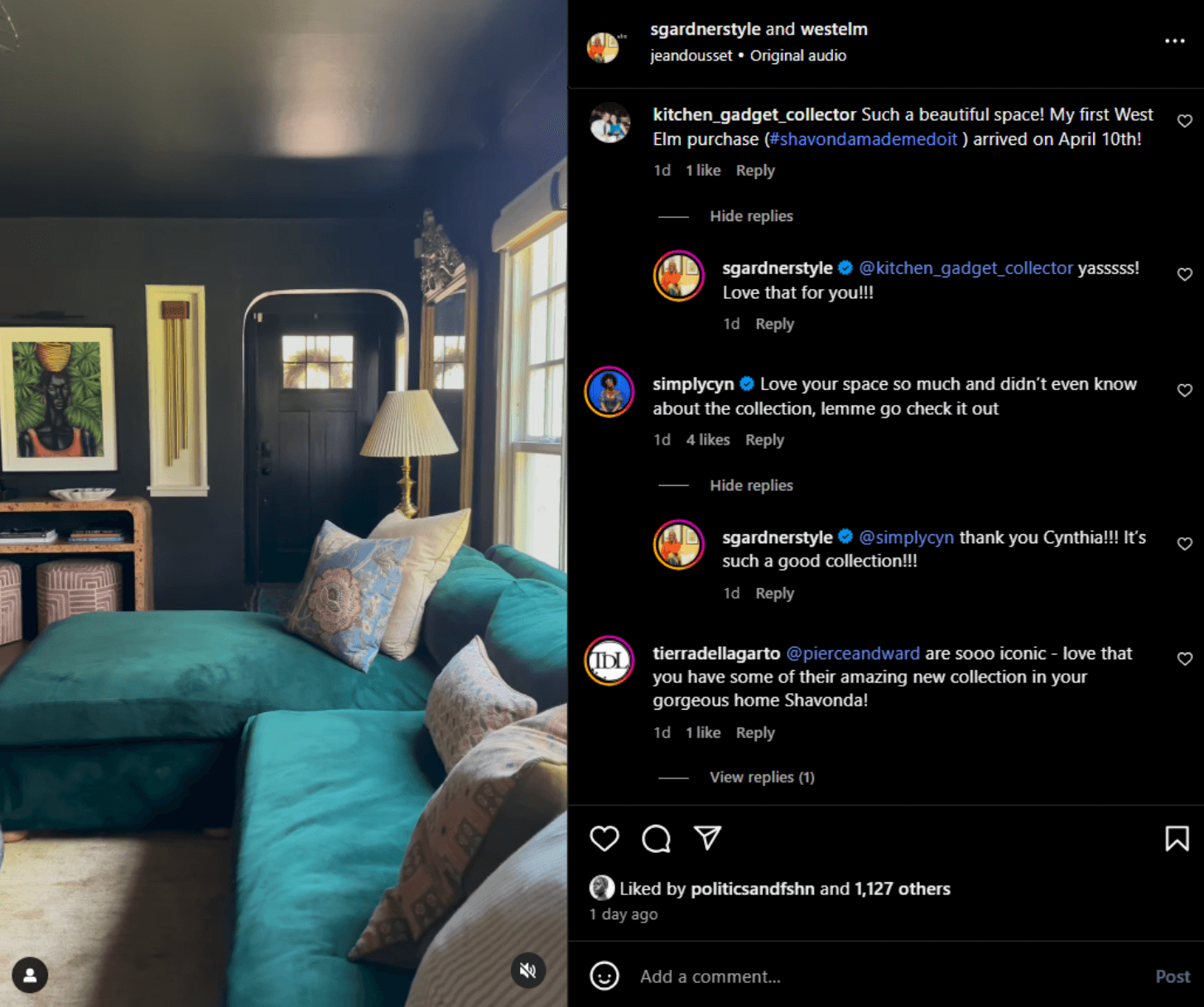 Interior design post with followers complimenting West Elm purchases and style.