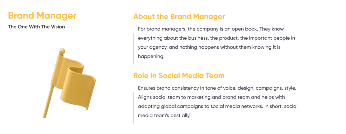 Brand Manager role infographic highlighting vision, responsibilities, and alignment within social media teams.