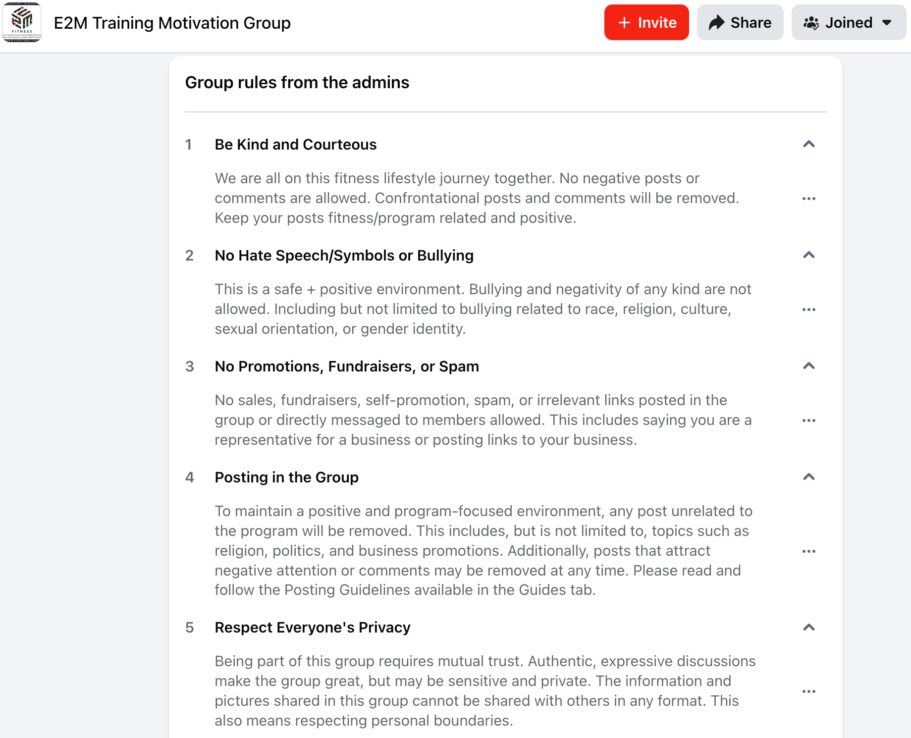 List of E2M Facebook group rules emphasizing positivity, no spam, and privacy.