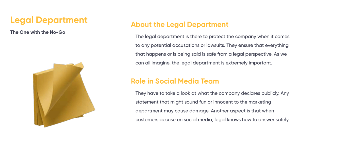Legal Department role infographic highlighting responsibilities in compliance, public statements, and risk management.