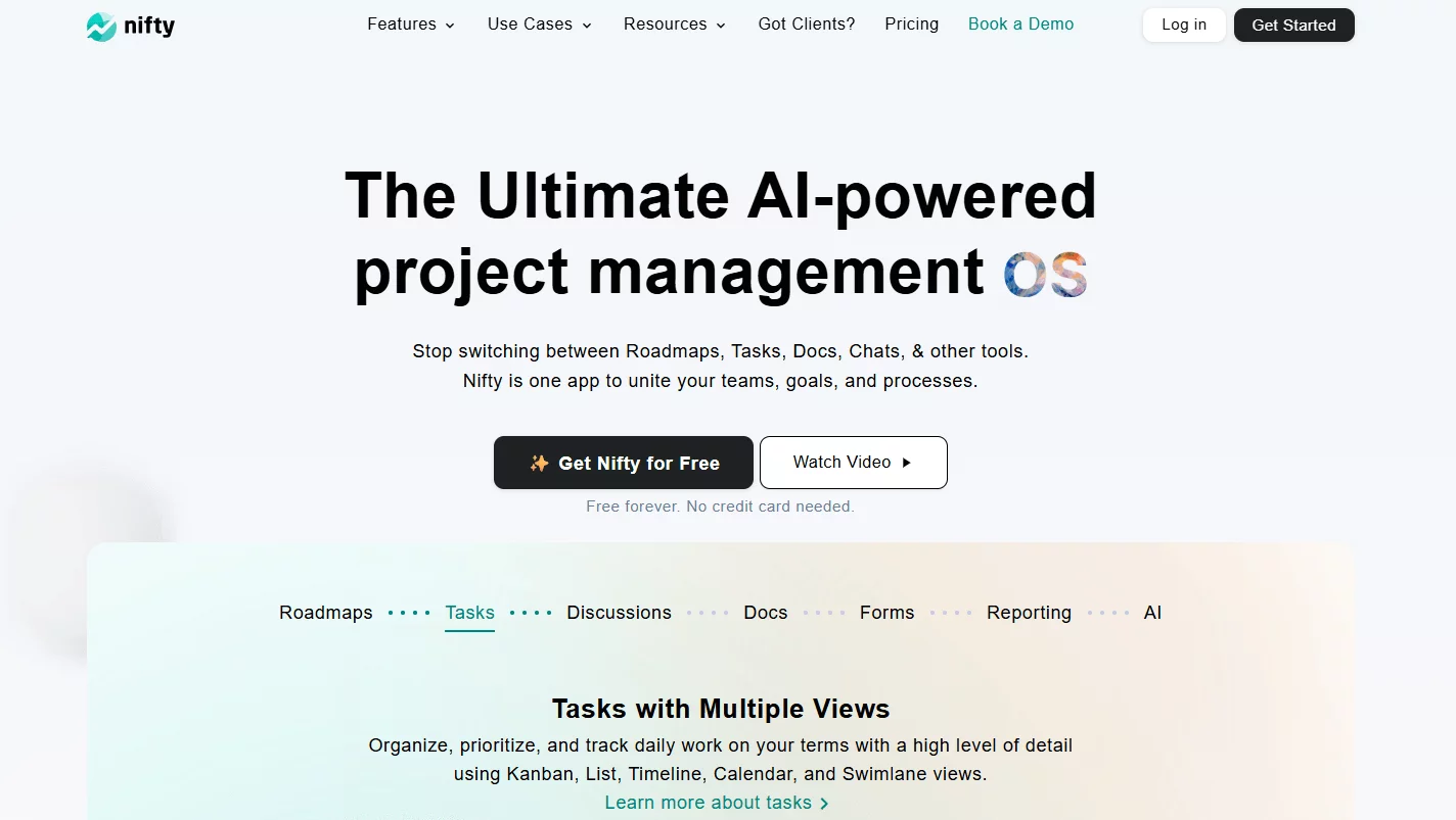 Nifty homepage promoting its AI-powered project management OS with free signup and task view options.