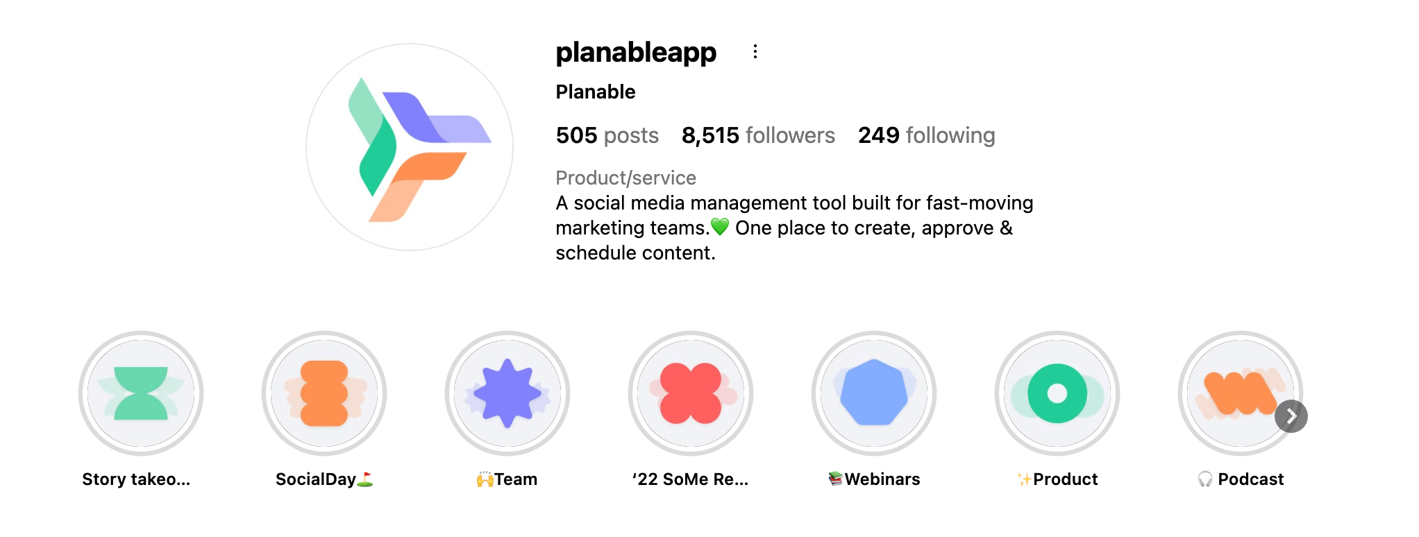 Planable’s Instagram profile with 8,515 followers, 505 posts, and highlights for team, product, and webinars.