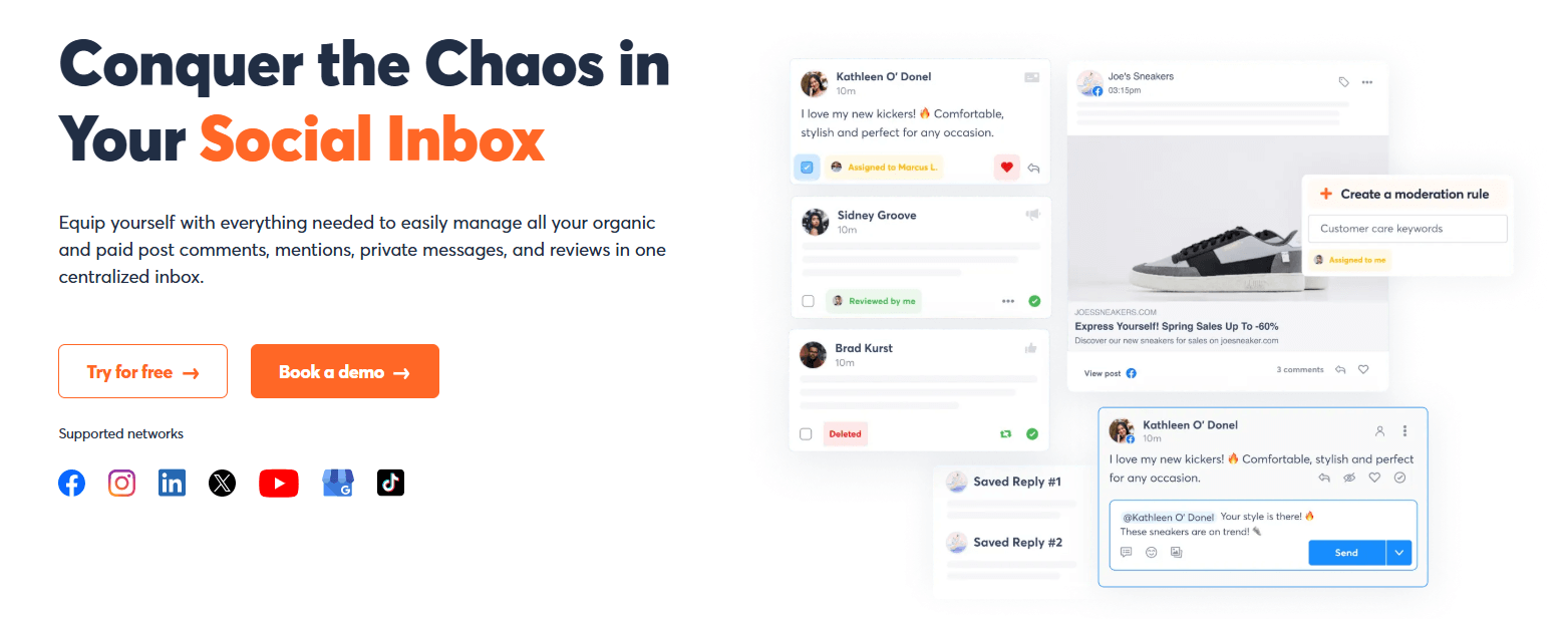 Agorapulse interface showing centralized inbox with post replies, assignments, and moderation tools.