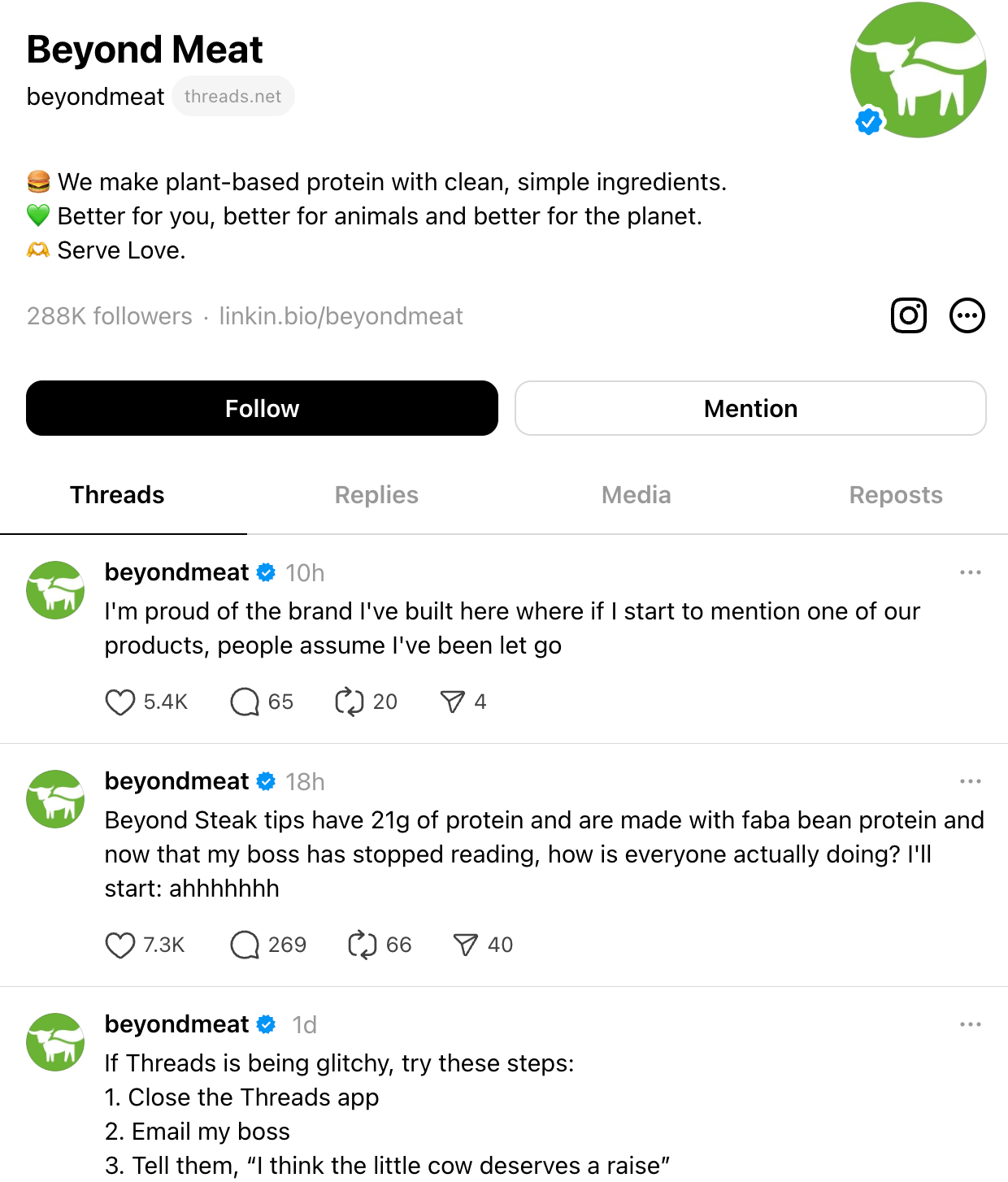 Beyond Meat’s Threads page with posts about plant-based products and team updates.
