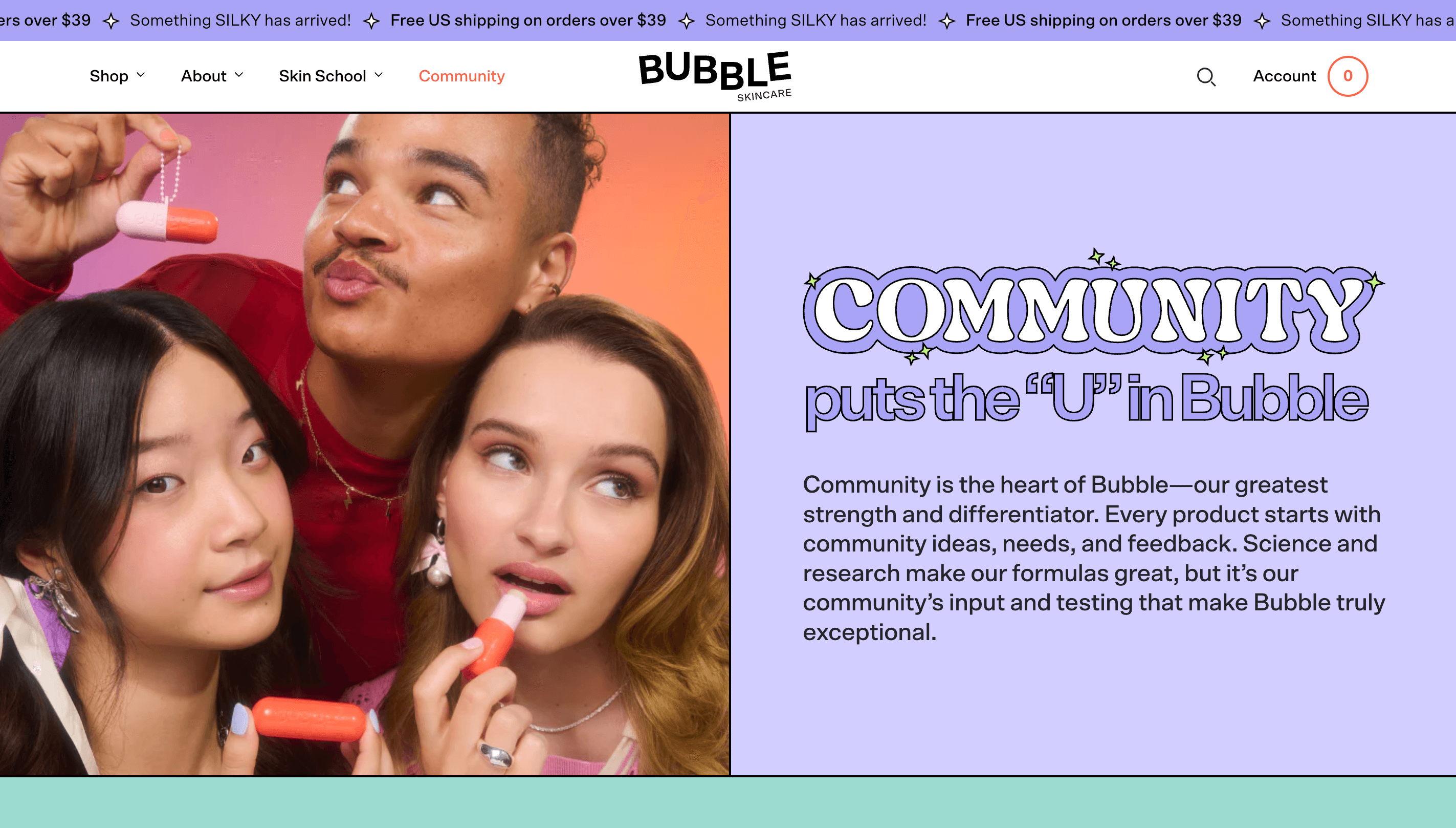 Three people holding Bubble skincare products next to community-focused messaging.