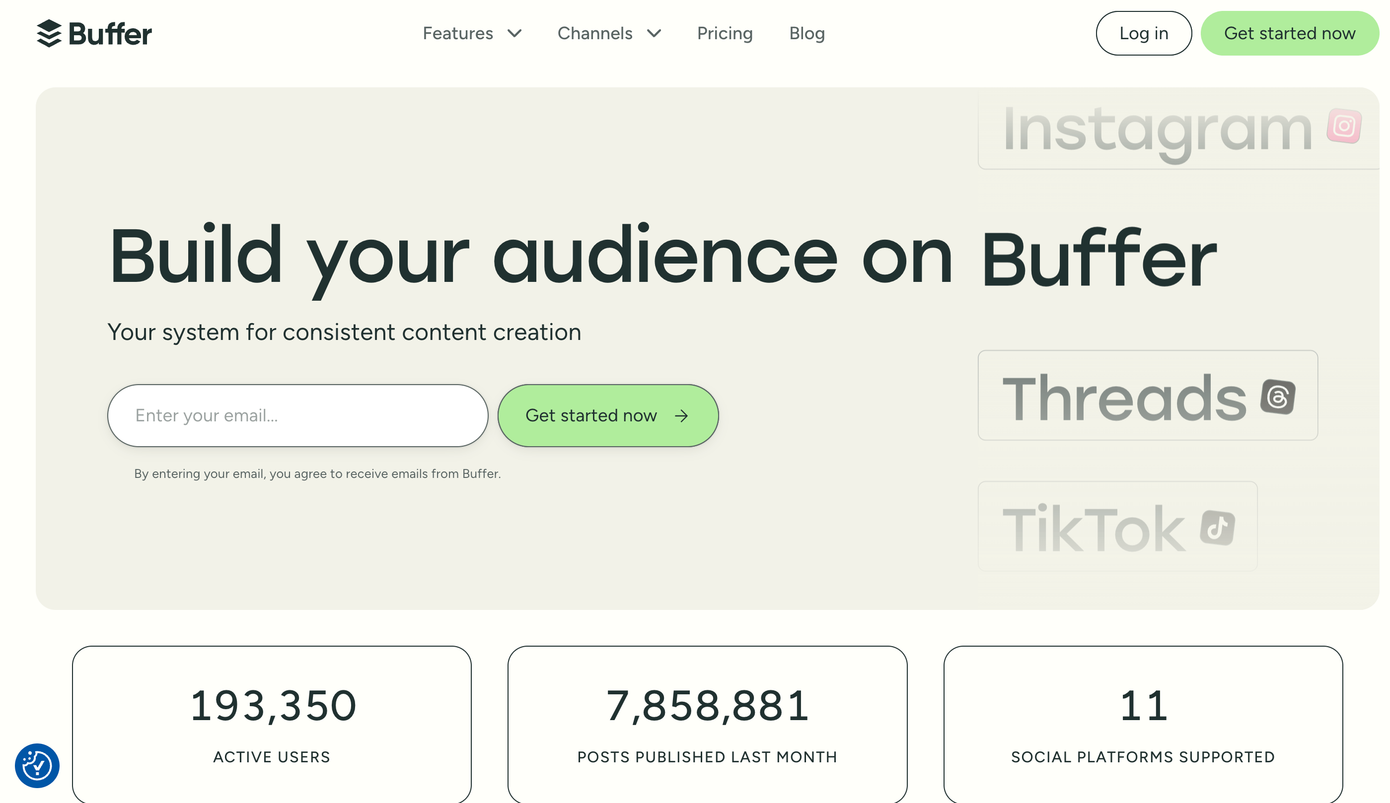 Buffer homepage offering email sign-up to help users build audiences on social media.