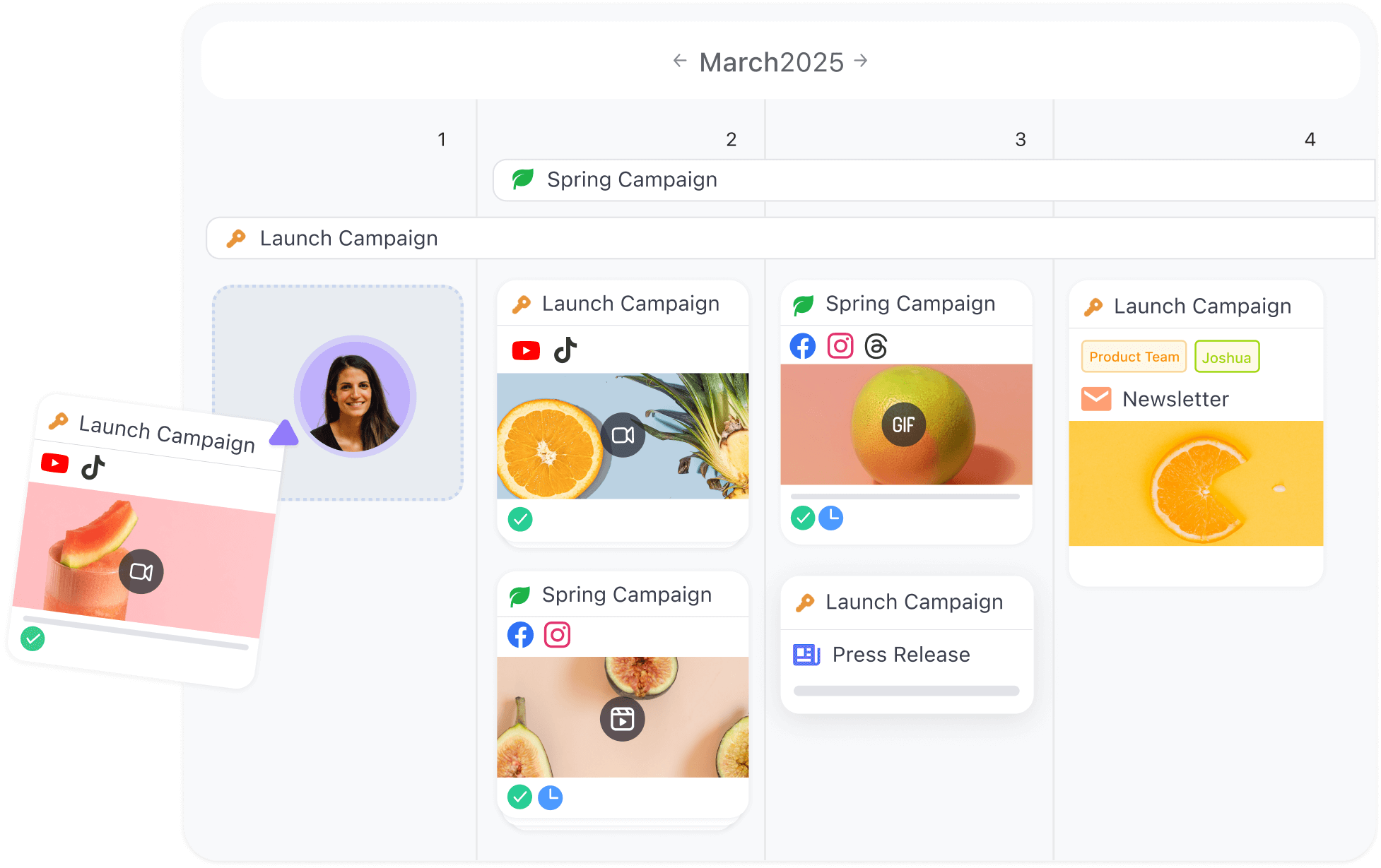 Content calendar view in Planable with scheduled launch and spring campaigns using visuals and platform tags.