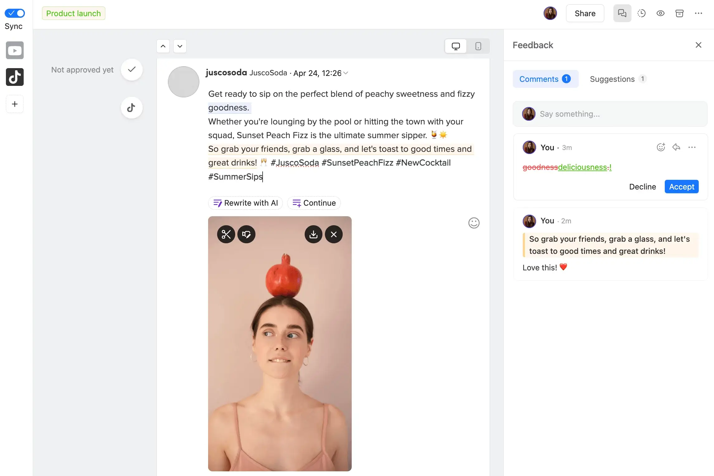 Woman in pink top balances a pomegranate on her head below a TikTok post draft with collaborative feedback.