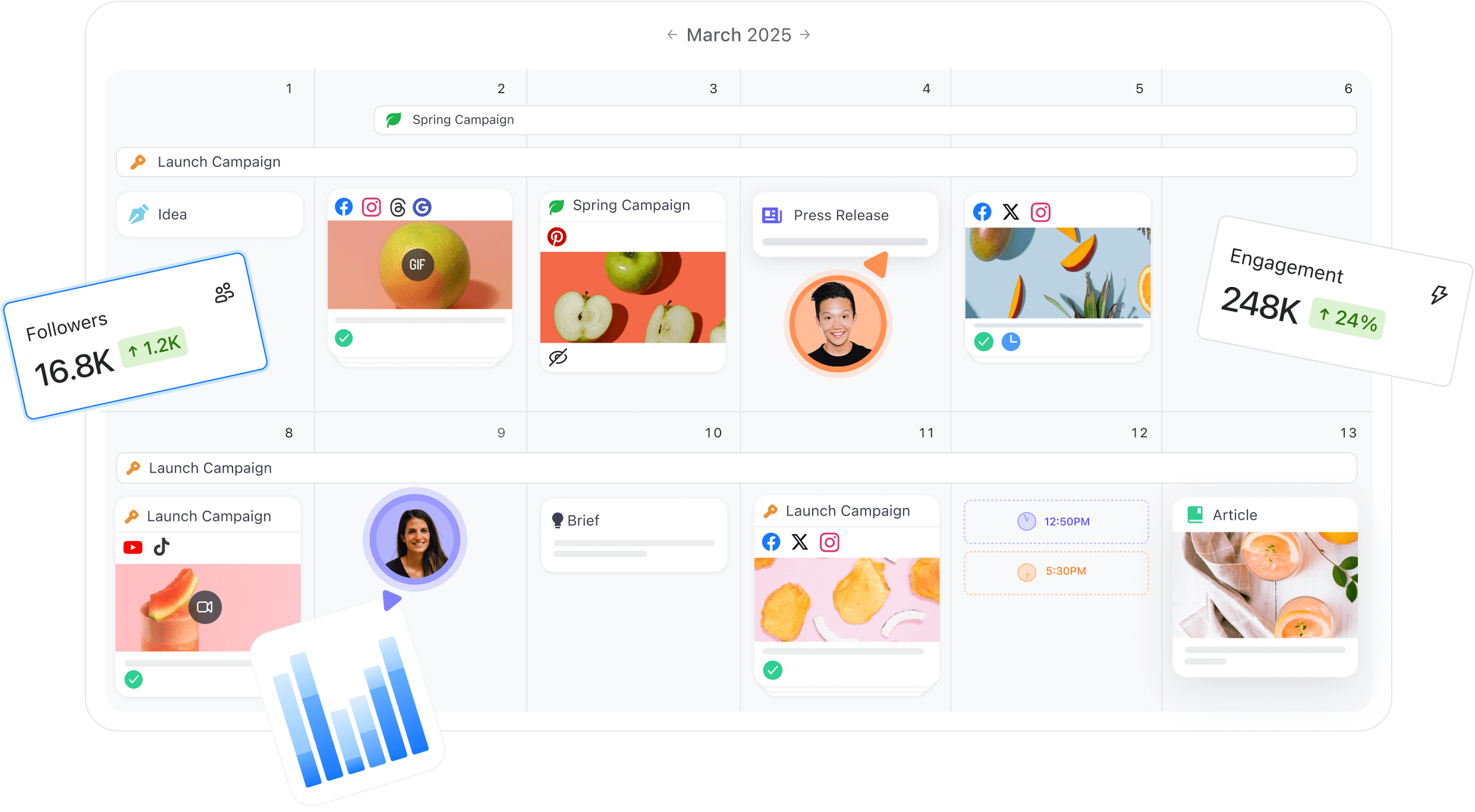 Social media content calendar in Planable with scheduled posts, engagement stats, and campaign labels.
