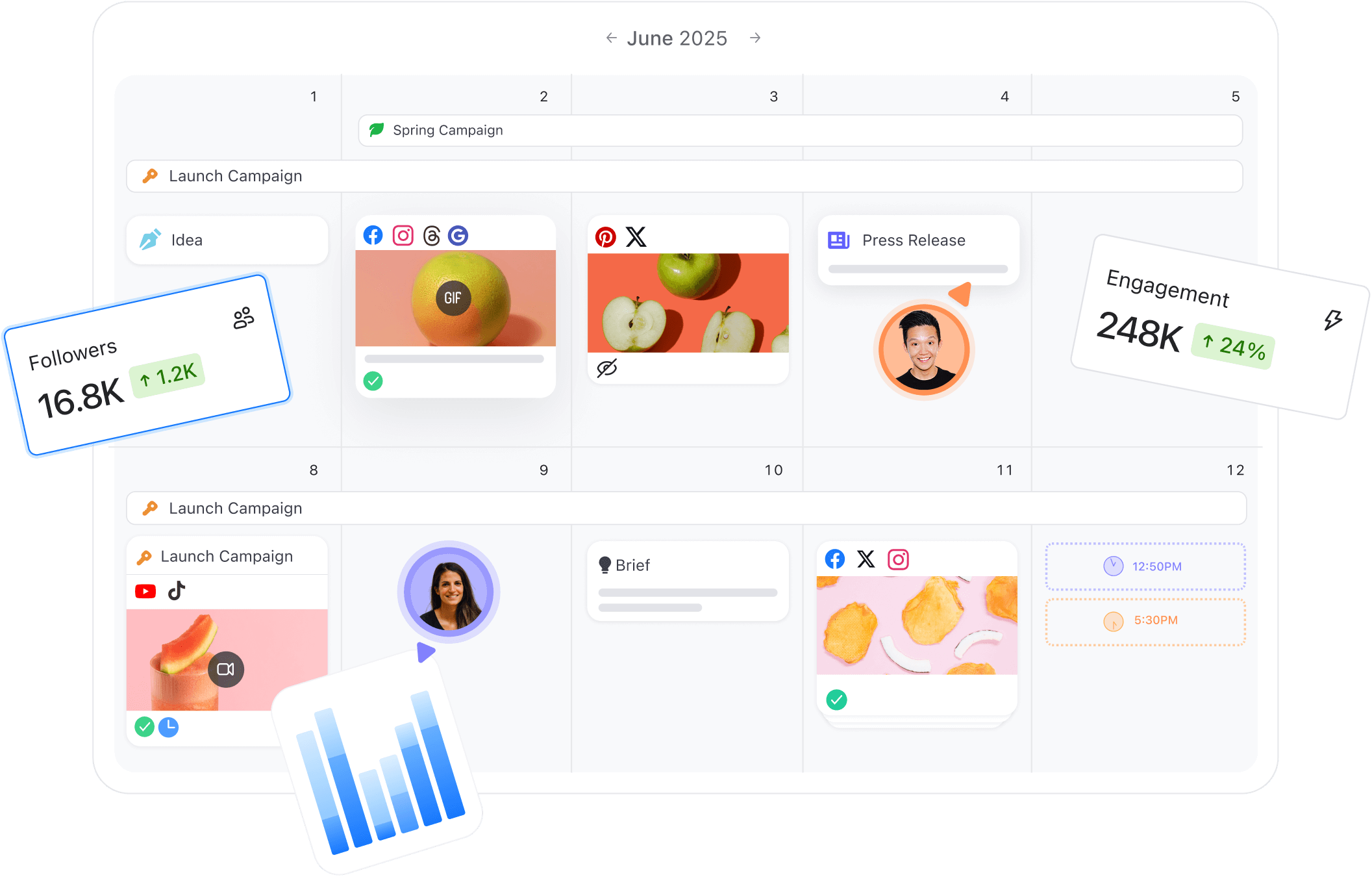 Color-coded Planable content calendar for June 2025 with campaigns, posts, and performance stats.