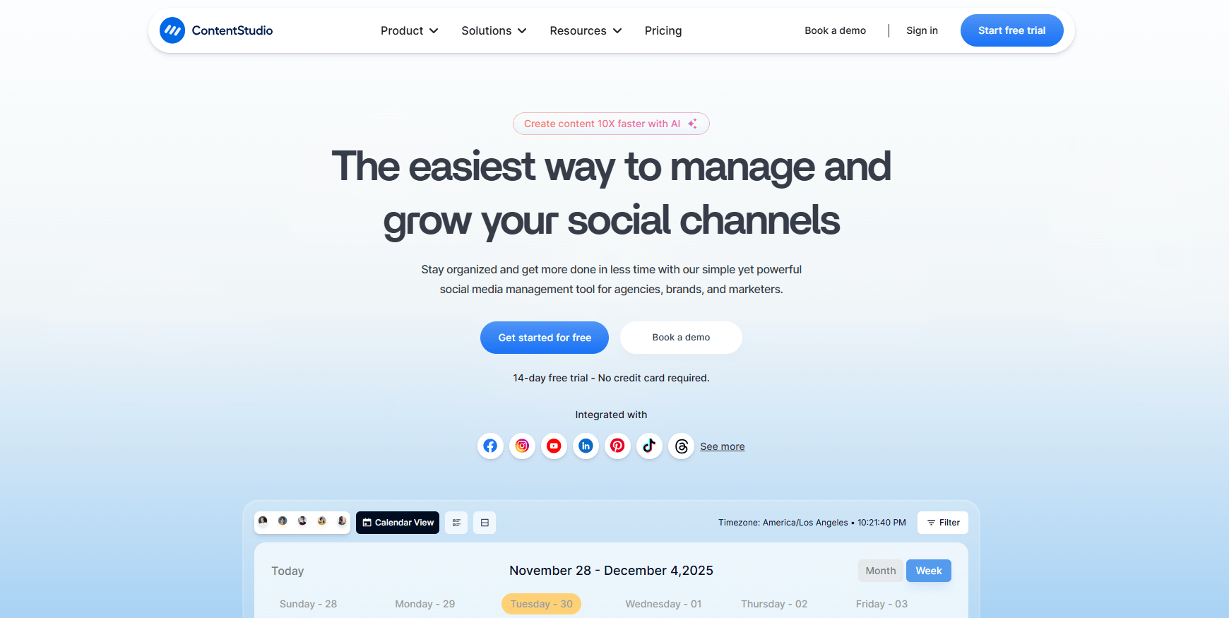 Homepage of ContentStudio promoting AI-powered social media management with a calendar view.