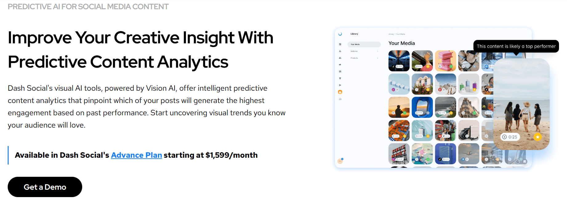 Dash Social AI dashboard highlighting visual content likely to perform well based on past engagement.