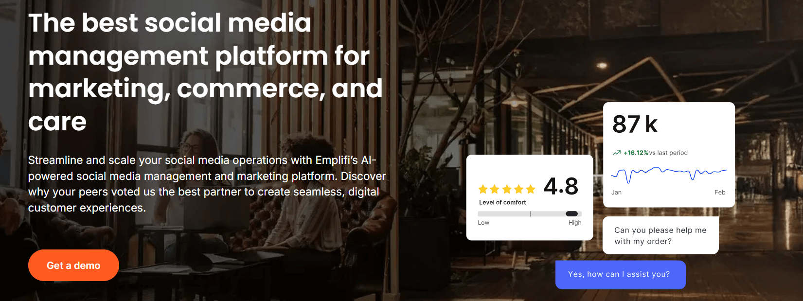 Emplifi platform showing rating, engagement stats, and chat for AI-powered social media management.