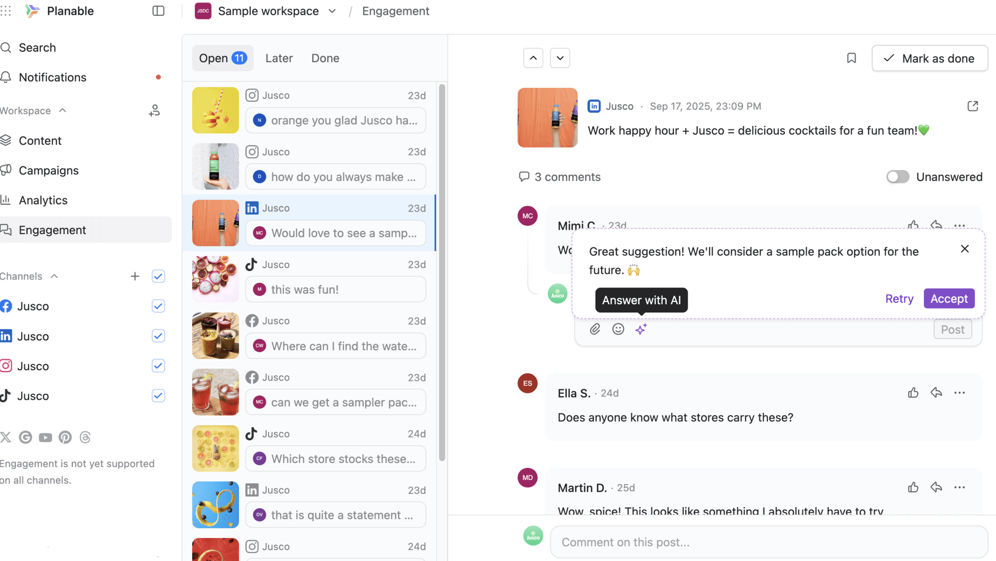 Planable dashboard with sentiment analysis tool to prioritize social media comments.