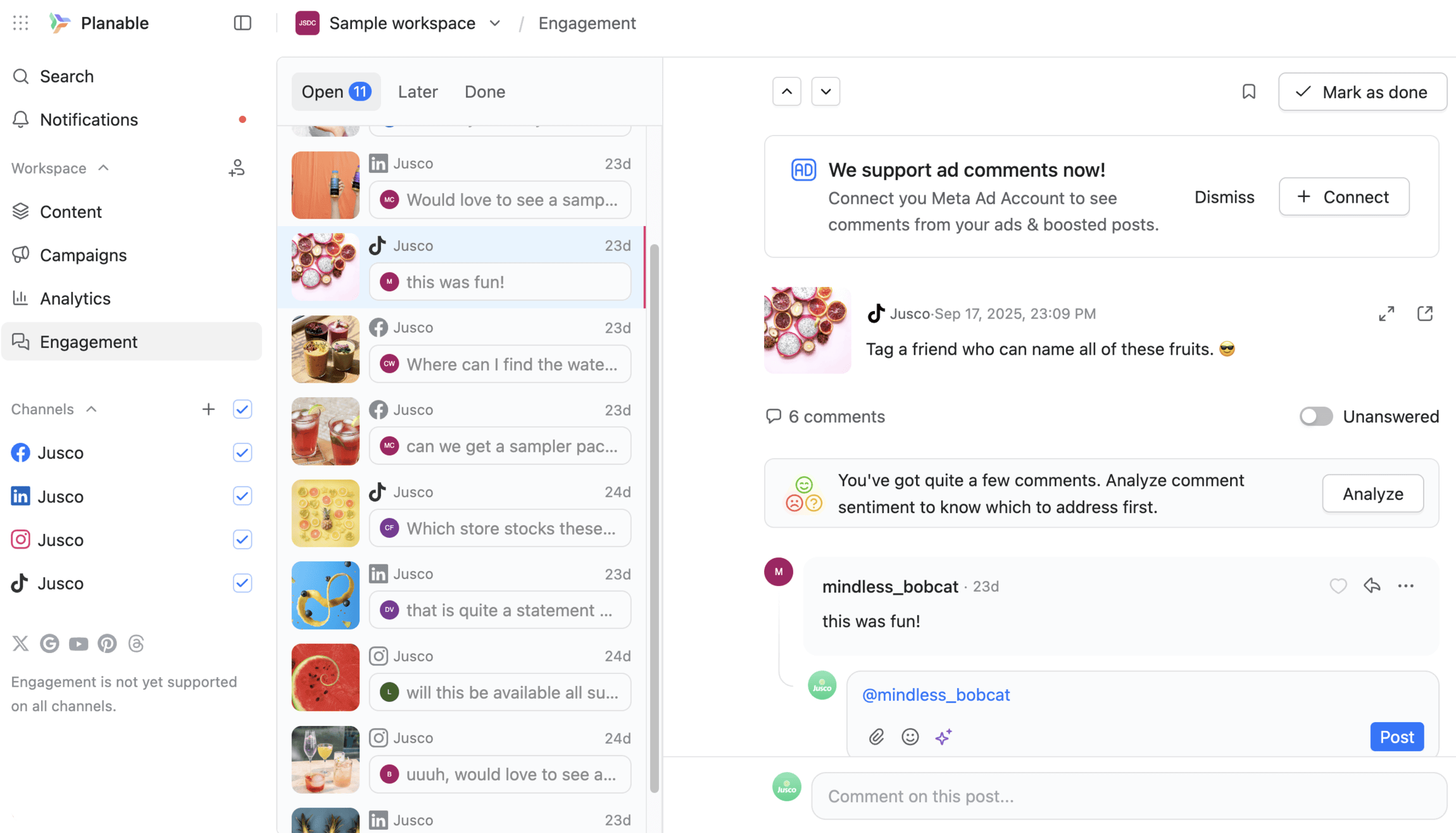 Planable interface showing TikTok post comments and sentiment analysis prompt for prioritizing replies.
