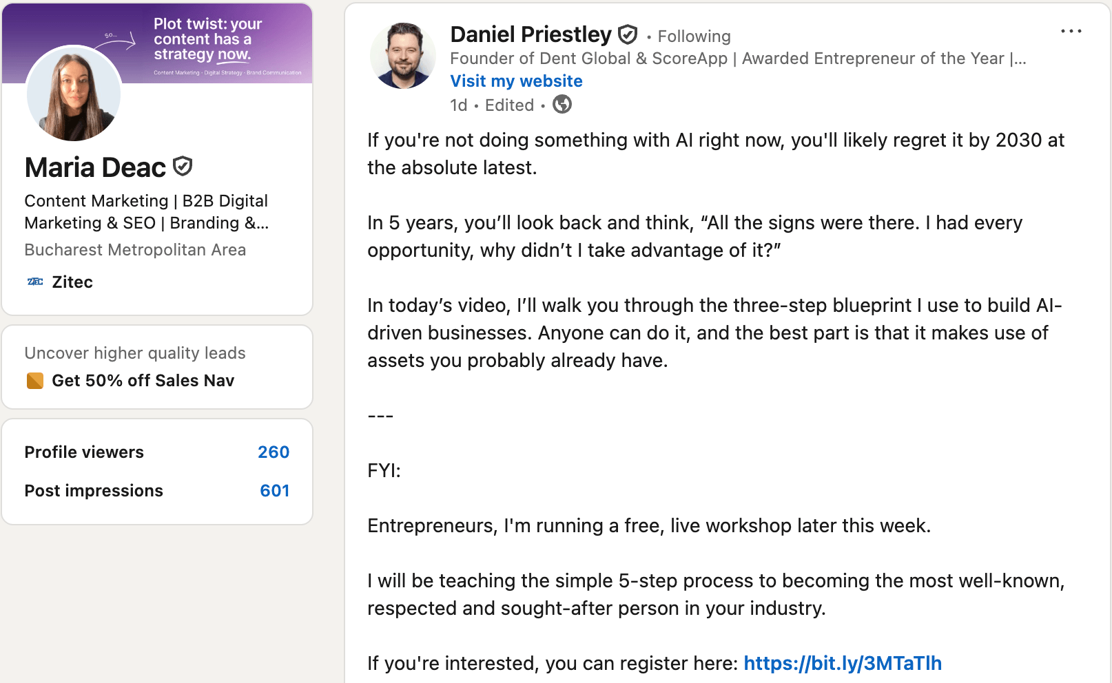LinkedIn post promoting AI business tips with comments, impressions, and profile views.