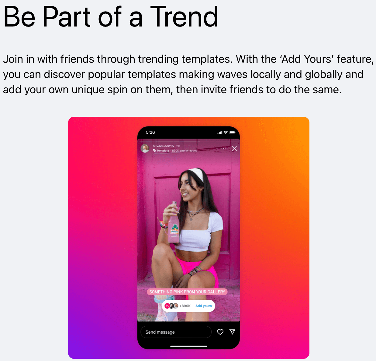 Instagram Story showing a woman in pink shorts with a trending “Add Yours” template tag.