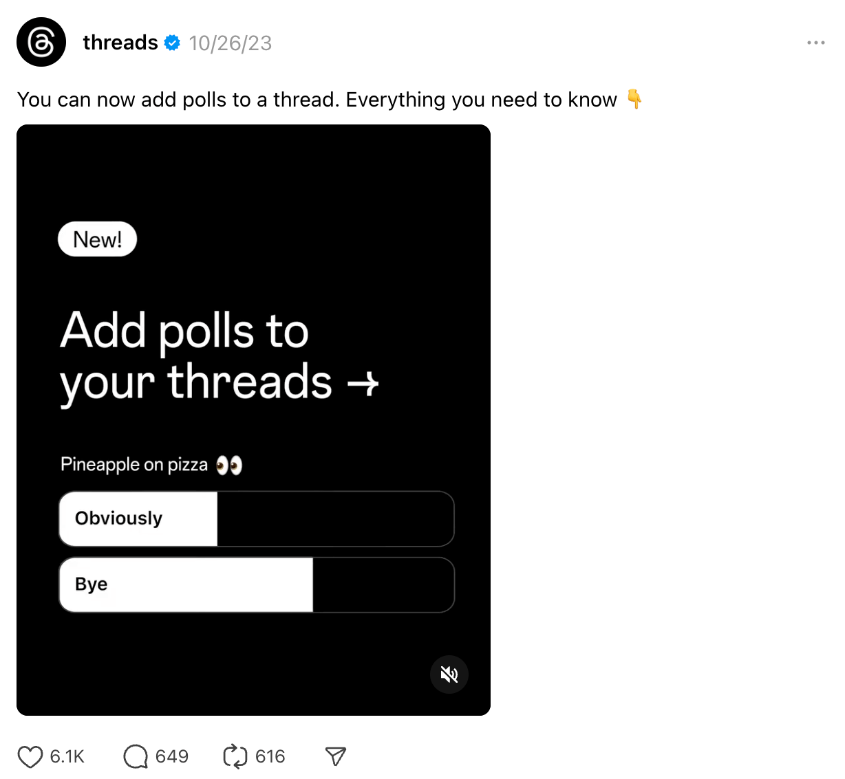 Threads post features a black poll interface asking users about pineapple on pizza.