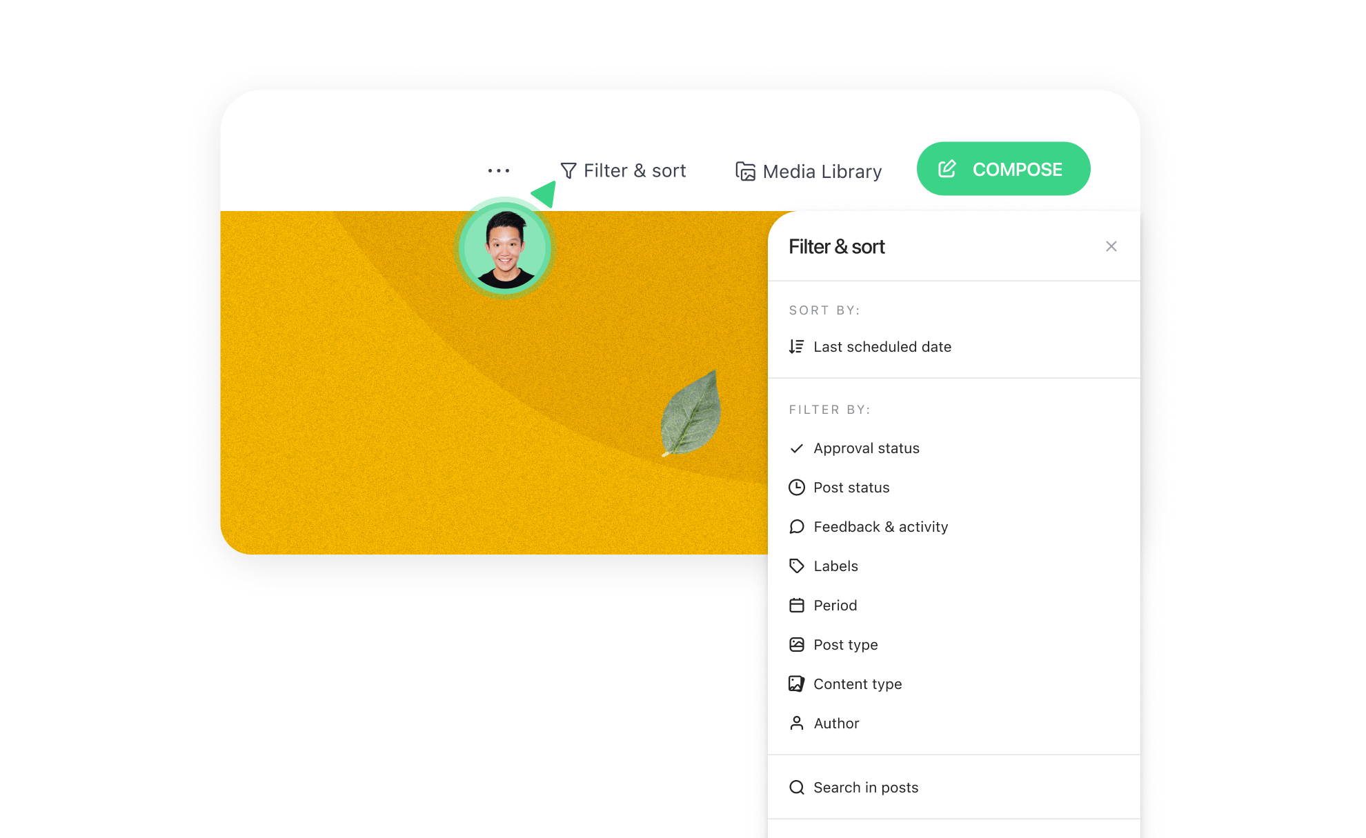 Planable’s filter and sort menu with options like approval status and post type.