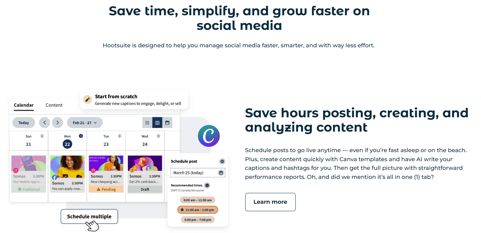 Hootsuite interface showing calendar, content scheduling, and Canva integration for post creation.