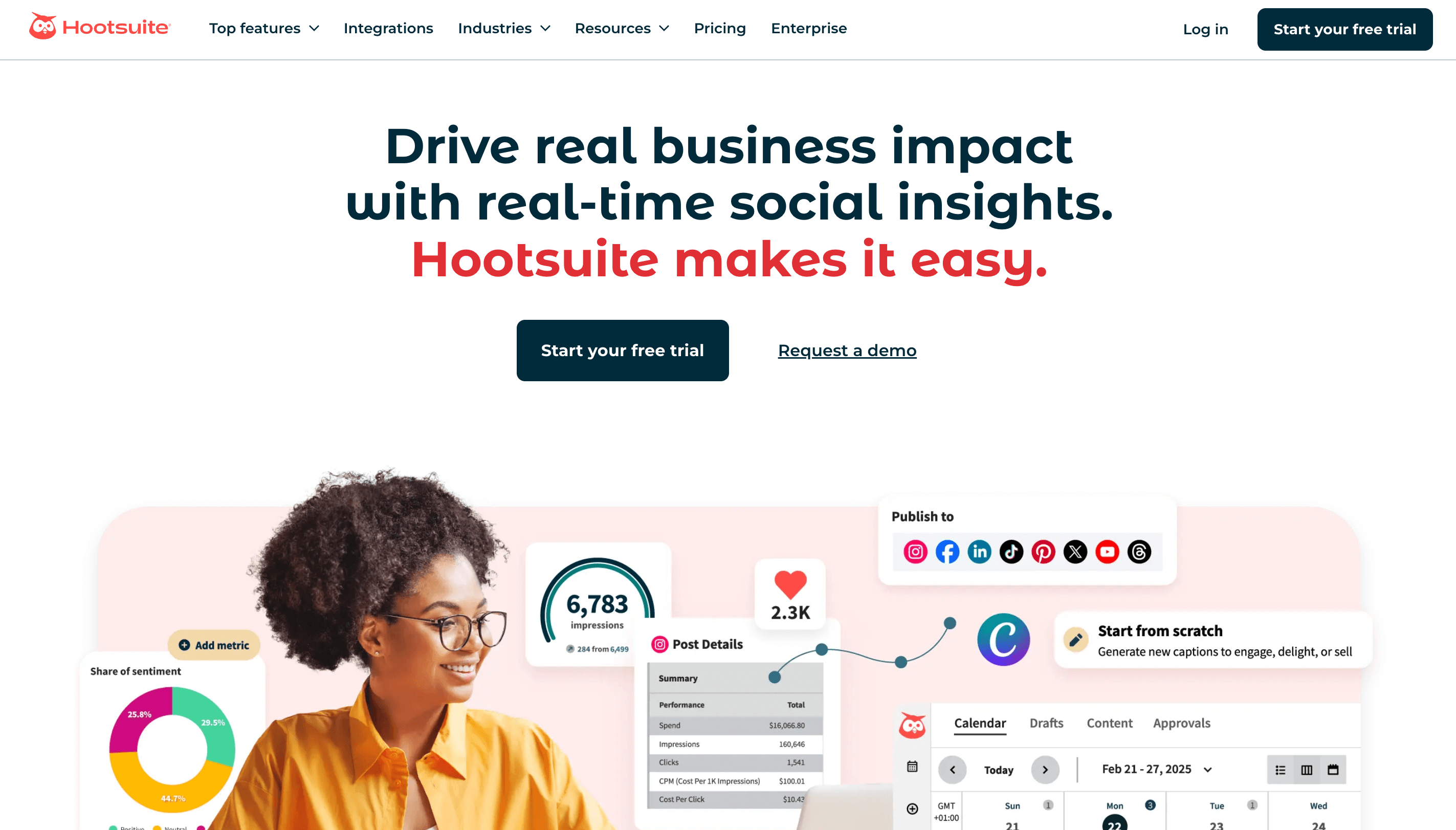 Woman using Hootsuite dashboard with social insights and engagement stats.