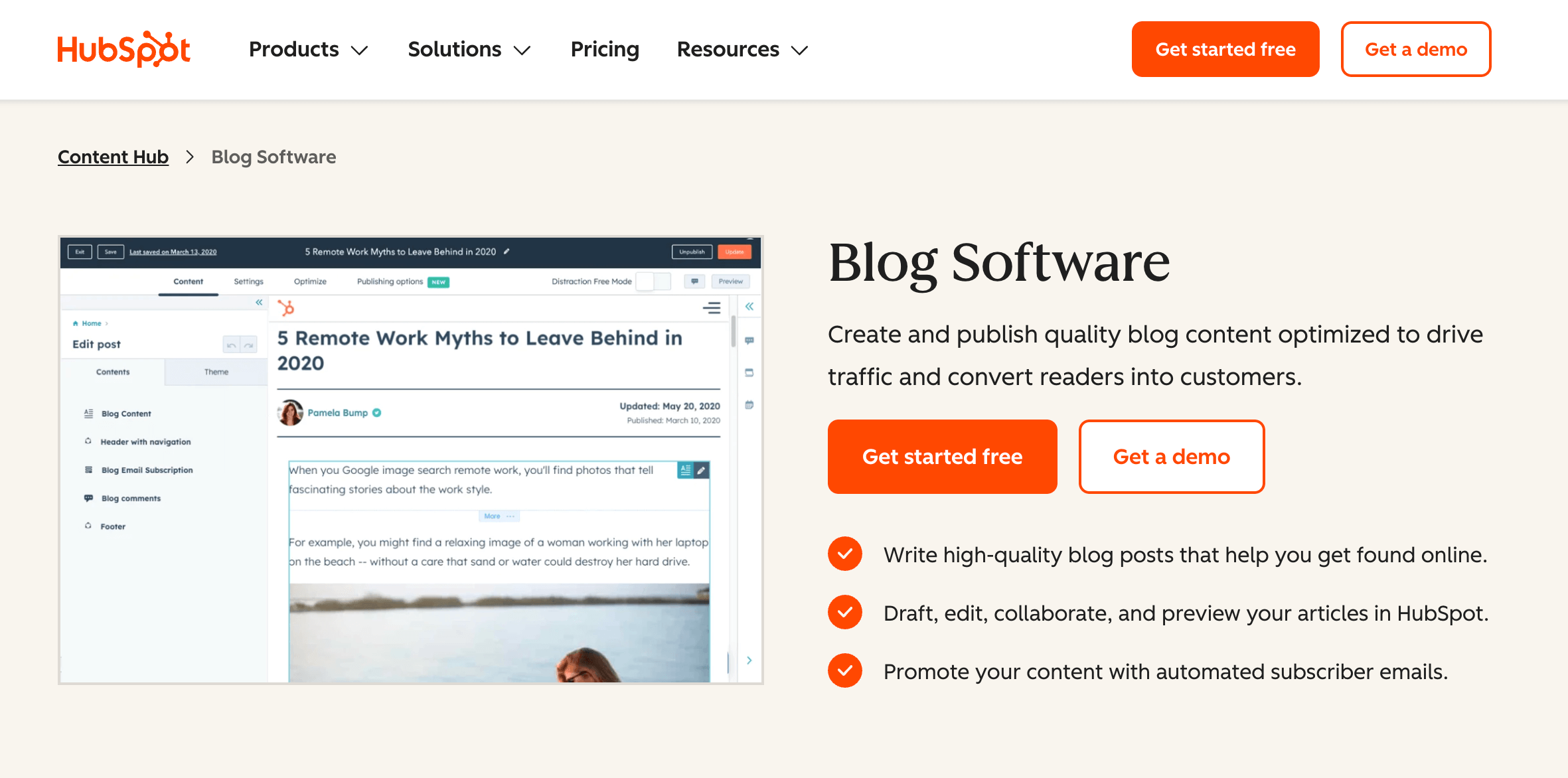 HubSpot blog editor showing a post draft with buttons to get started or request a demo on the right.