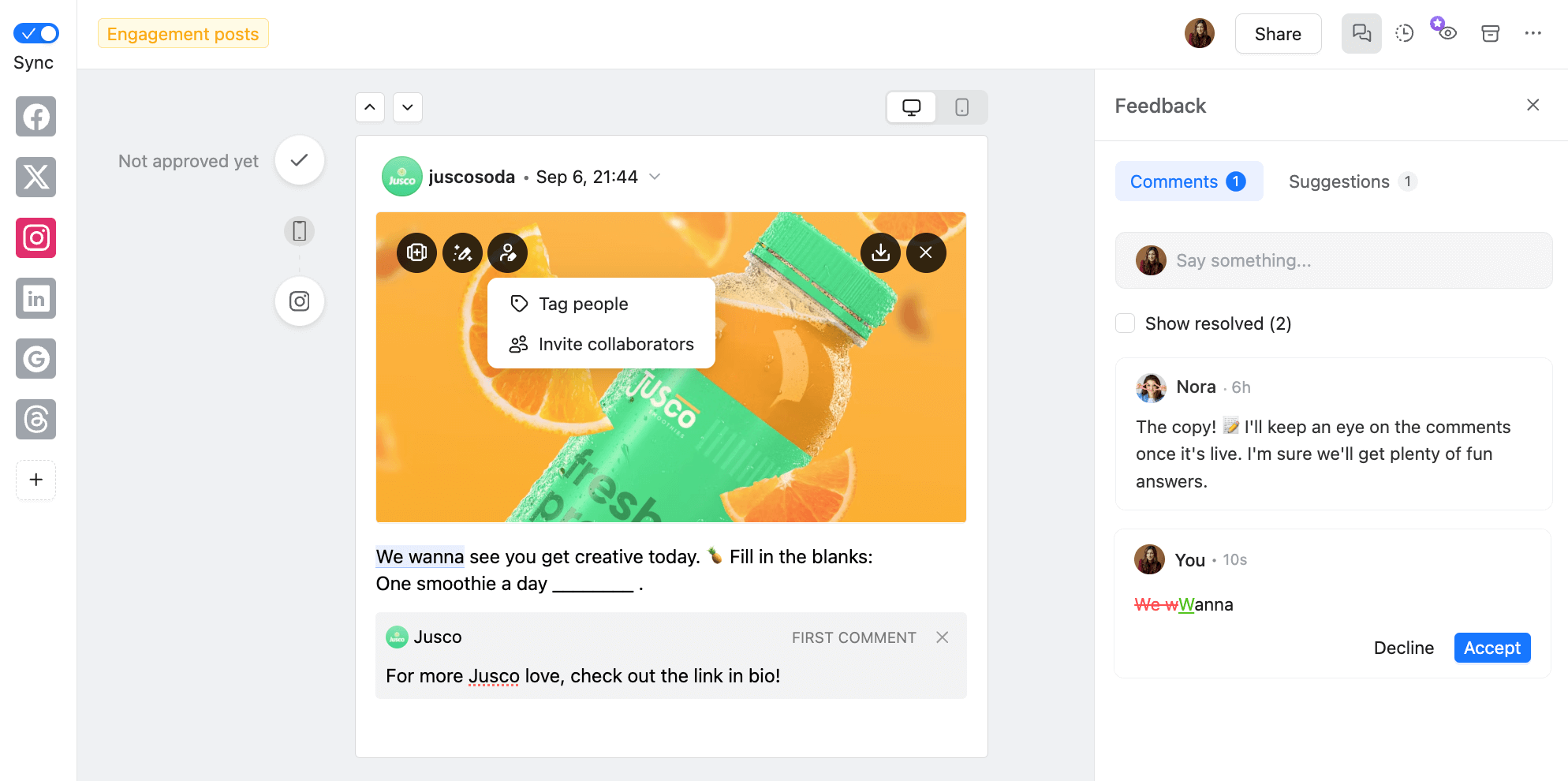 Instagram post draft in Planable with feedback suggestions and tag/collaborator options on a Jusco smoothie ad.
