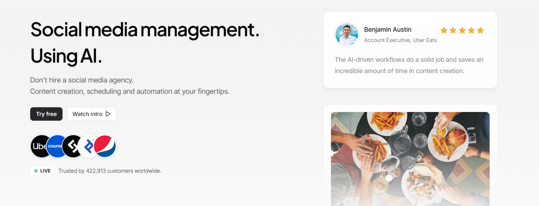 AI-powered social media management with testimonial, call-to-actions, and logos of major brand clients.