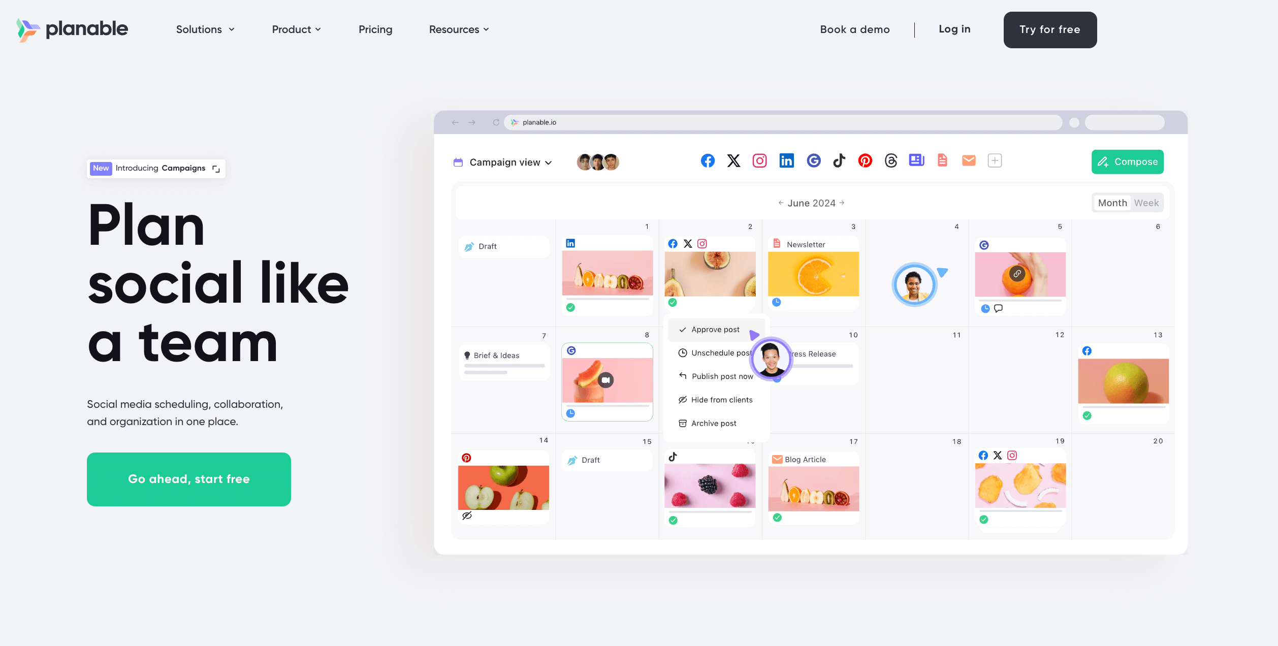 Planable homepage showing team-based calendar view and post scheduling interface.