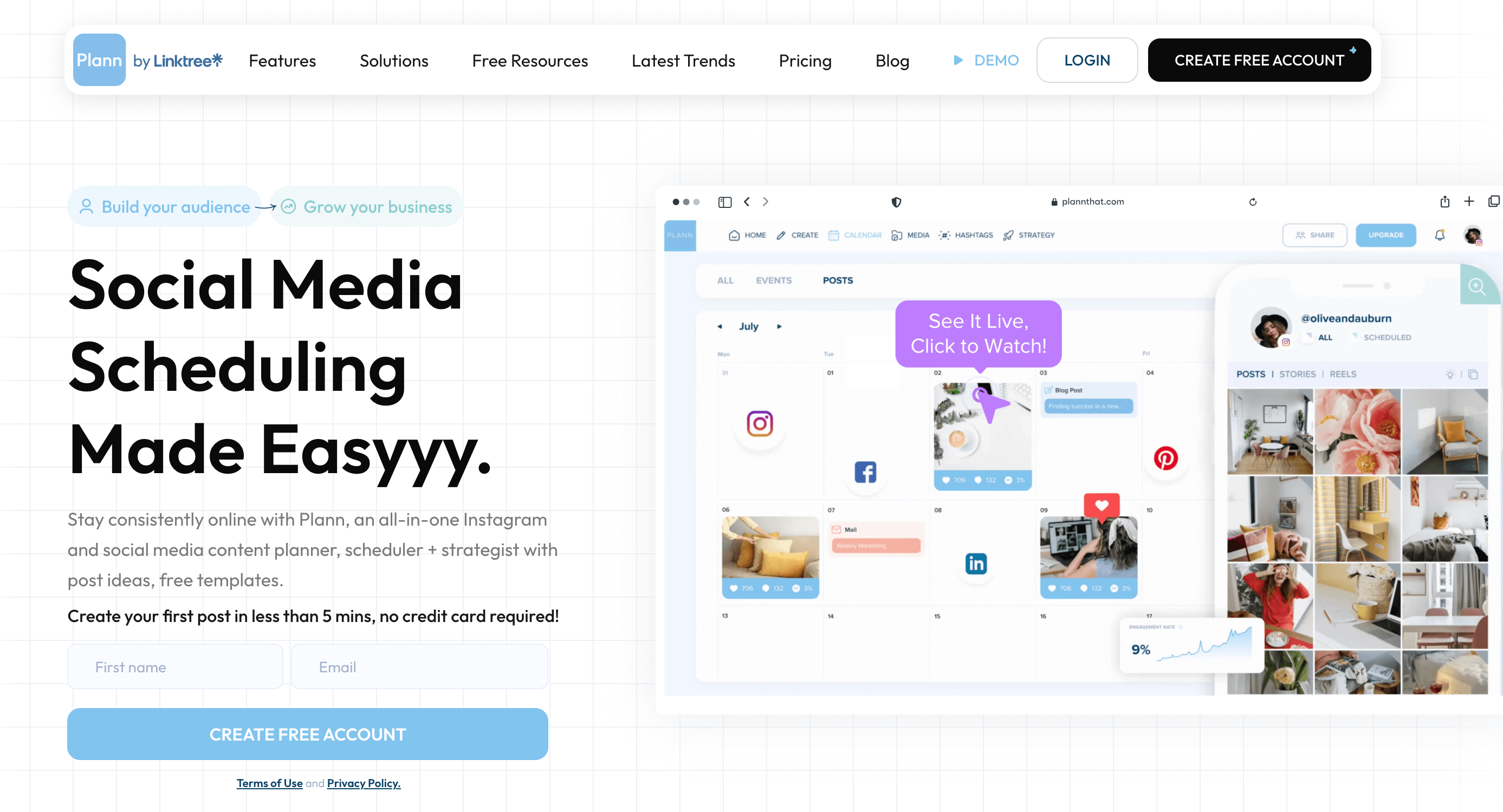 Plann homepage with calendar view, Instagram post previews, and mobile scheduling interface.