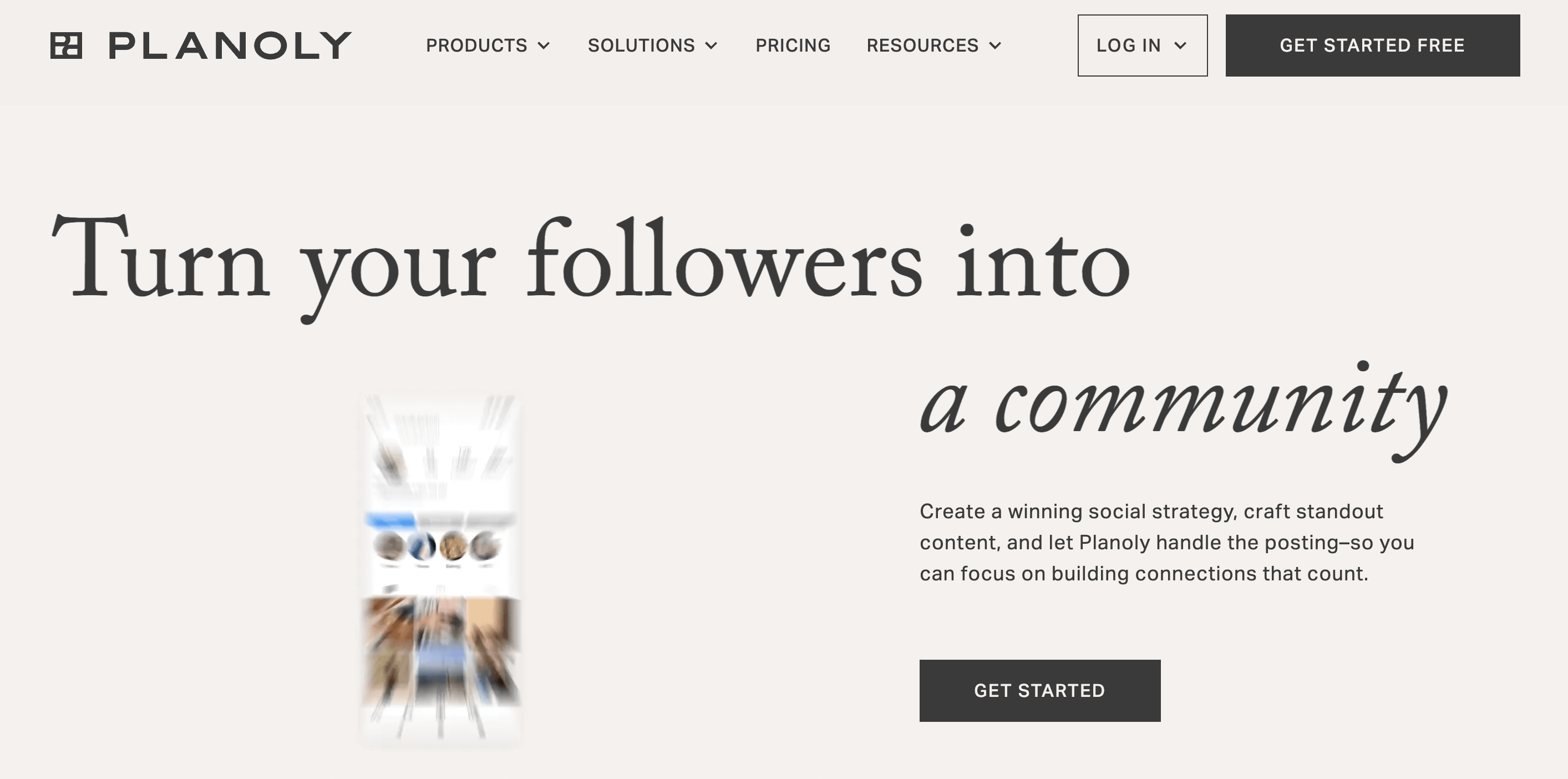 Planoly homepage promoting follower engagement and simplified social content planning.