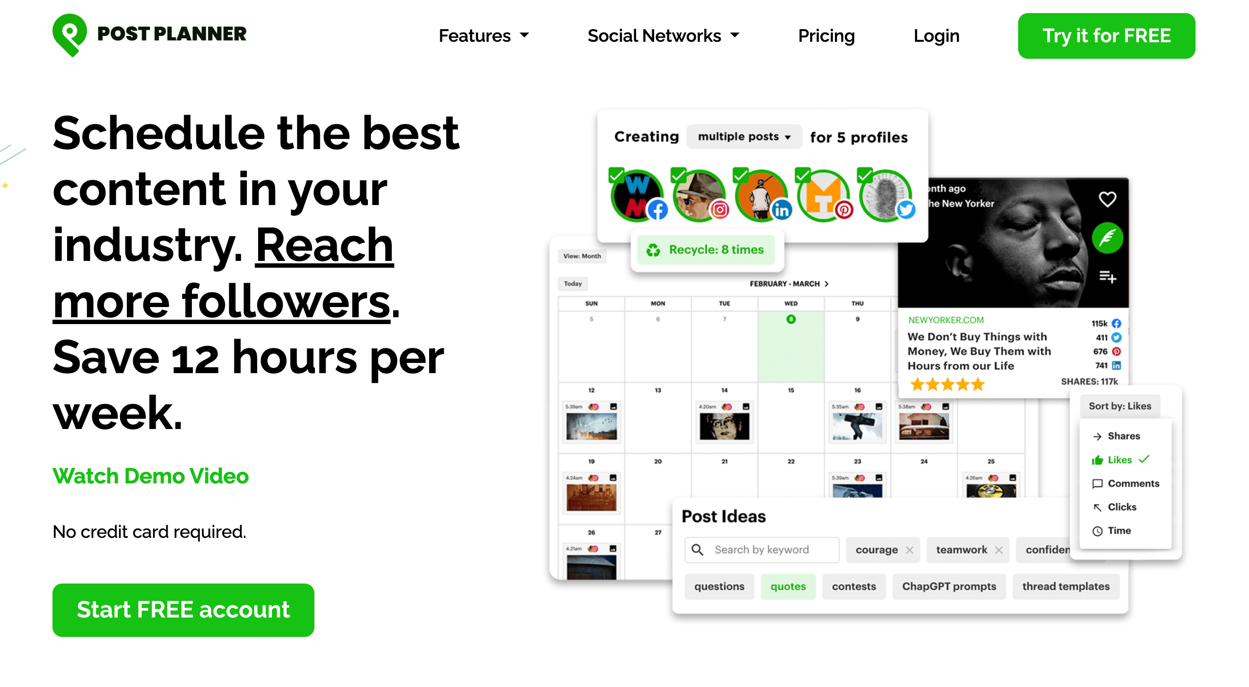 Post Planner homepage with scheduling calendar, post ideas, and sort options like likes and shares.