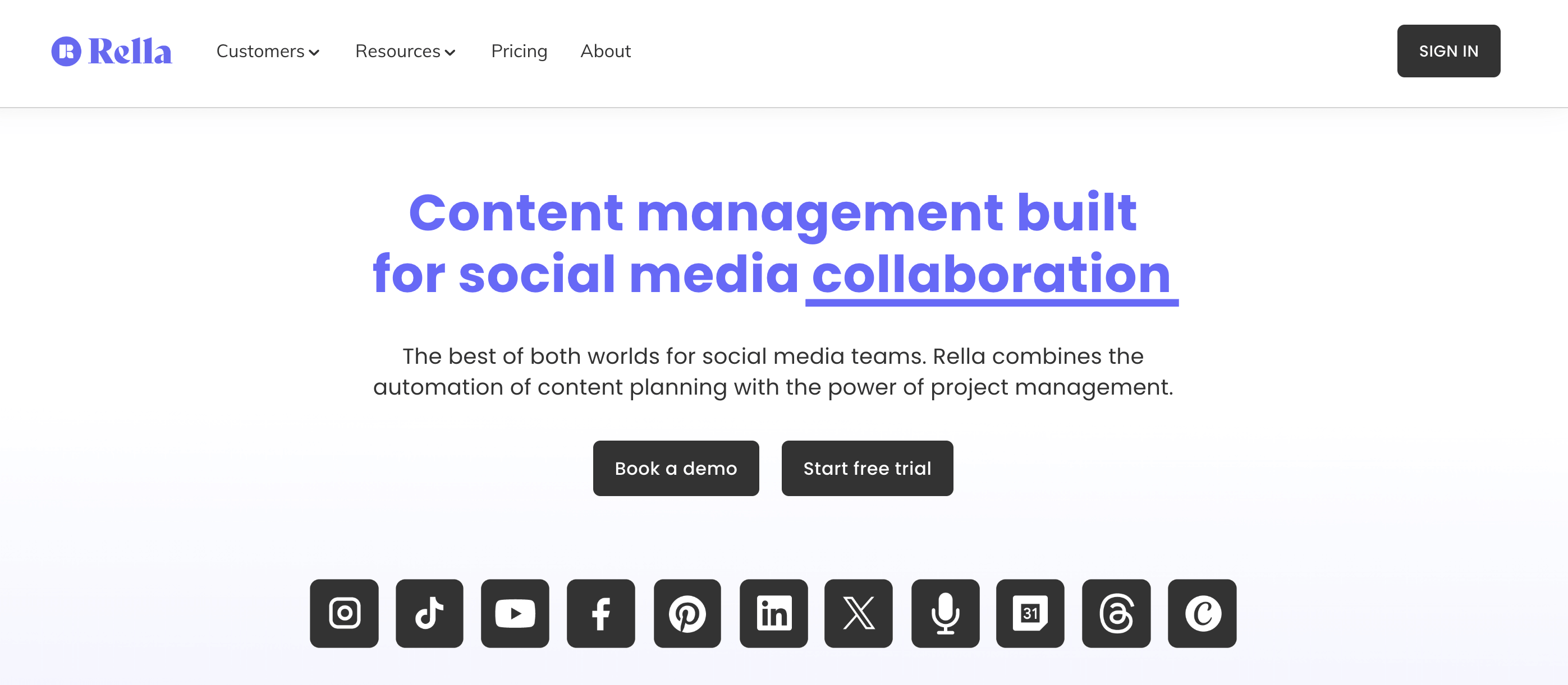 Rella homepage showing headline about content management for social media collaboration.