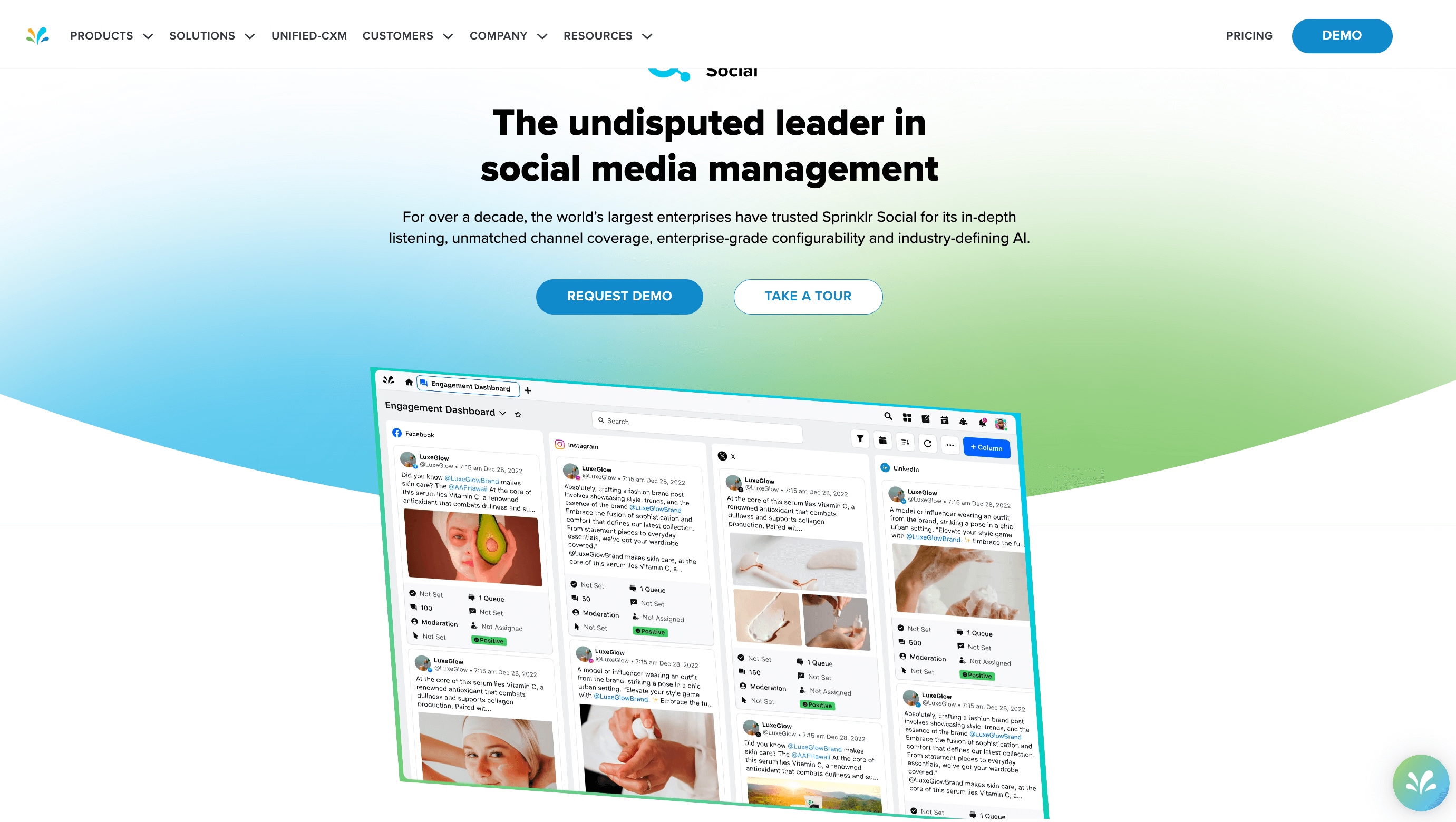 Sprinklr homepage with engagement dashboard featuring Facebook, Instagram, and LinkedIn posts.