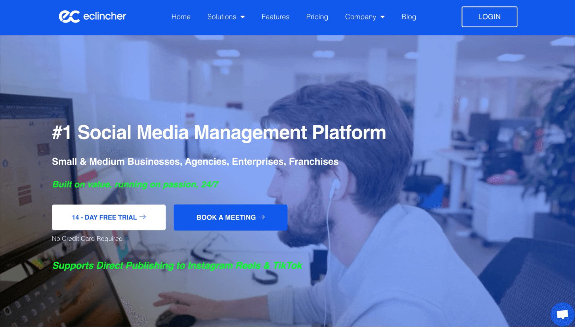 Startseite von eClincher mit Slogan „#1 Plattform für Social-Media-Management für Unternehmen und Agenturen“.