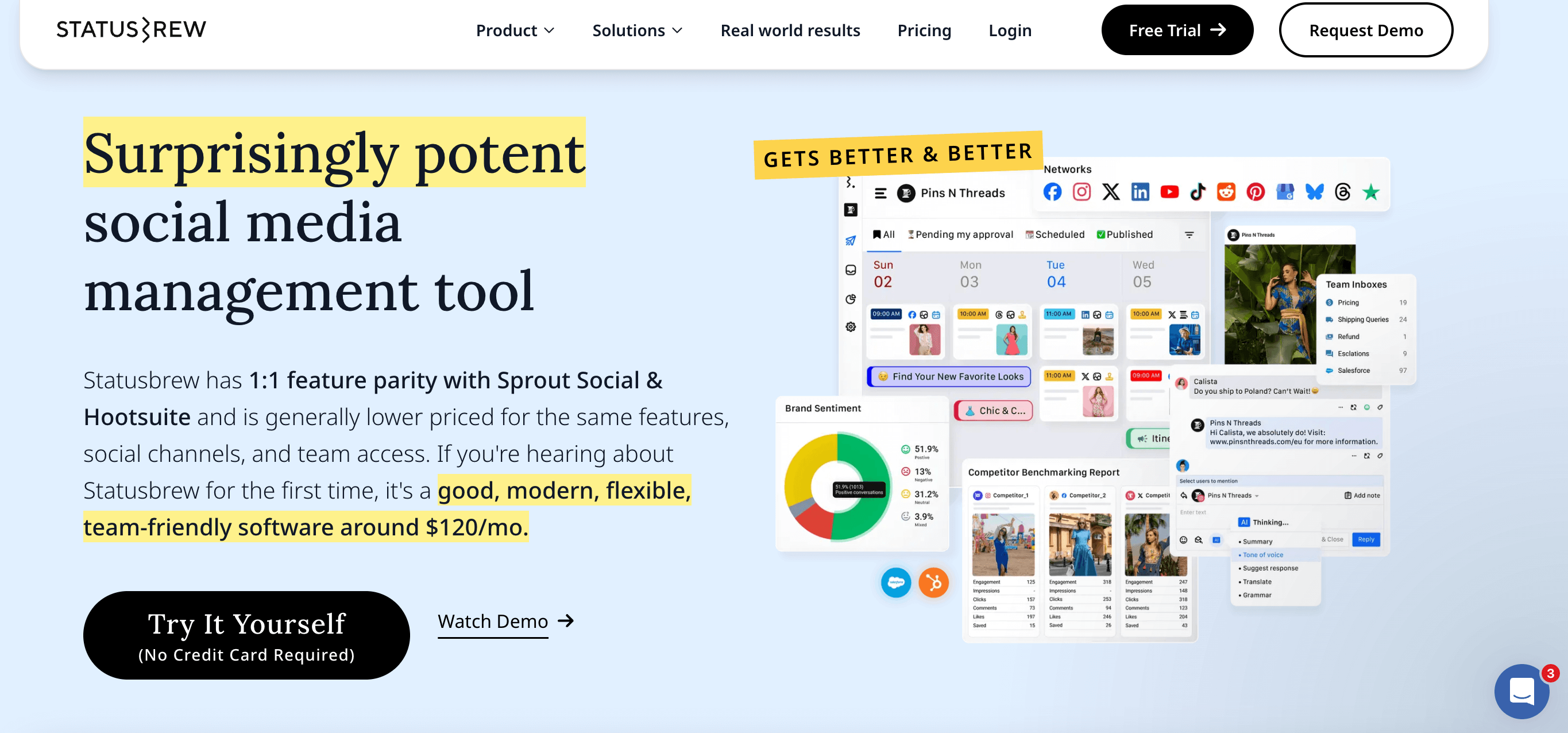 Statusbrew homepage showing social media tools, sentiment analytics, and competitor benchmarking dashboard.