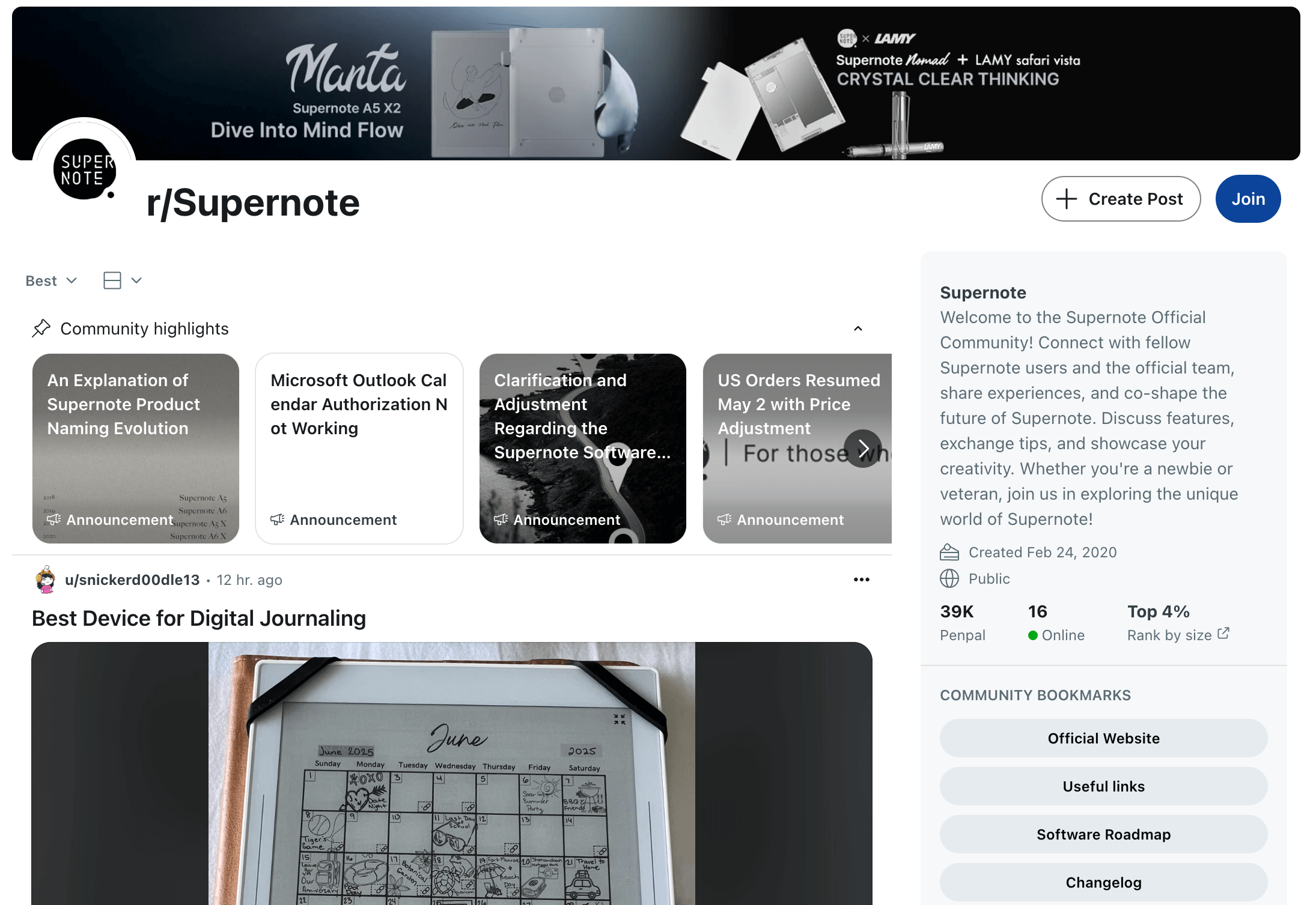 Supernote subreddit with product updates and a user post on digital journaling tools.