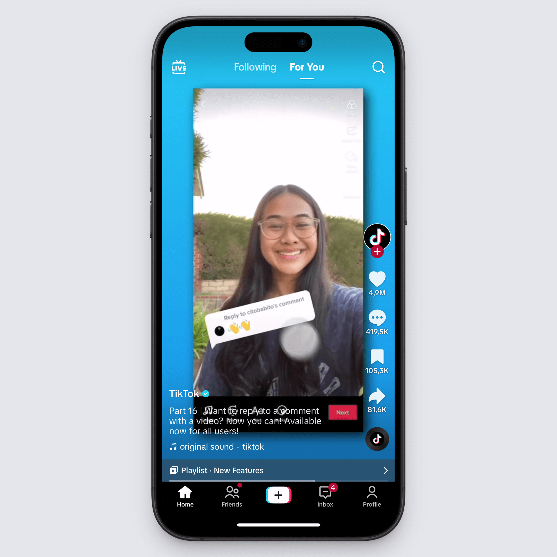 TikTok video tutorial showing a woman replying to a user comment using a video response.
