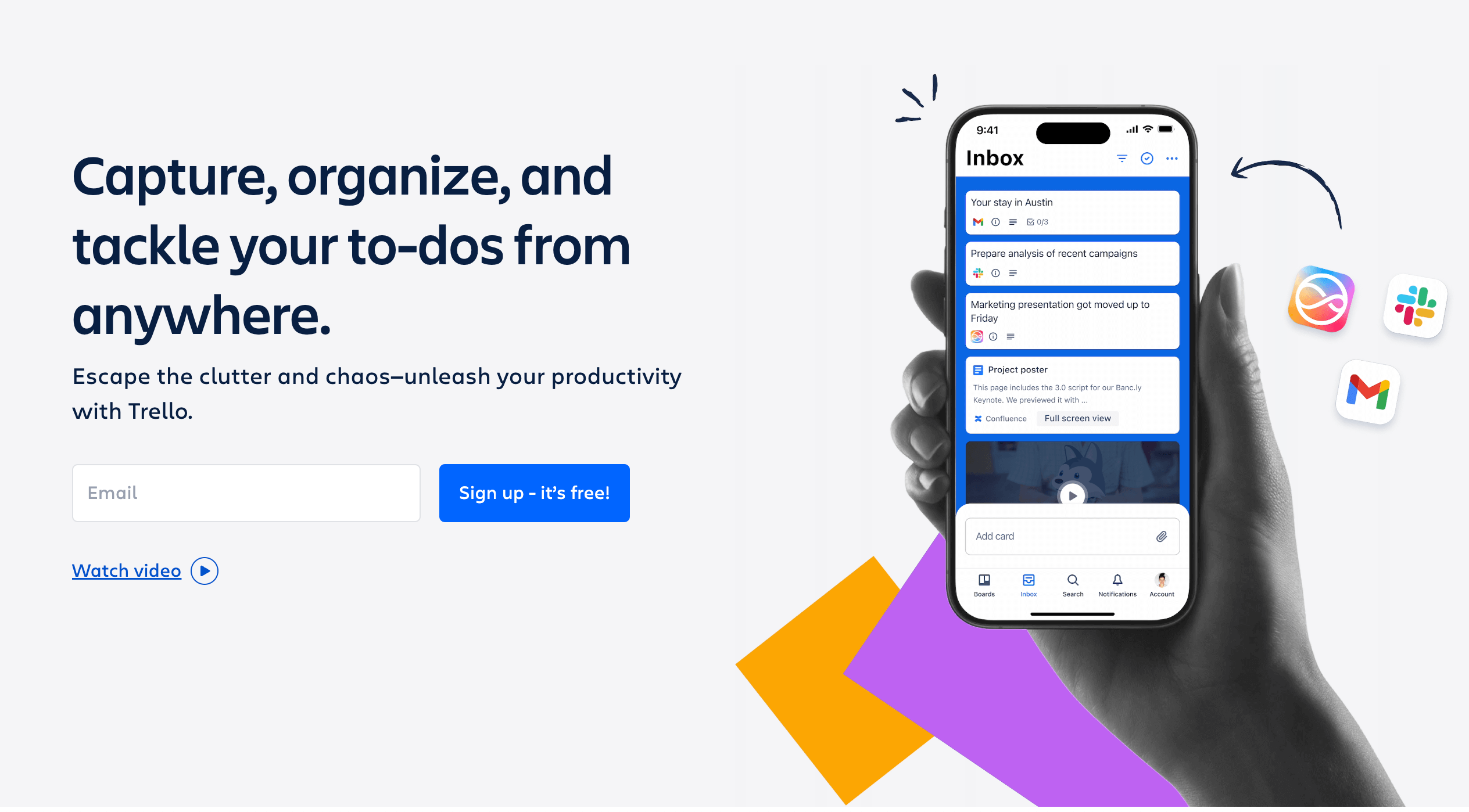 Trello homepage with hand holding phone showing organized campaign to-do list and integrations.