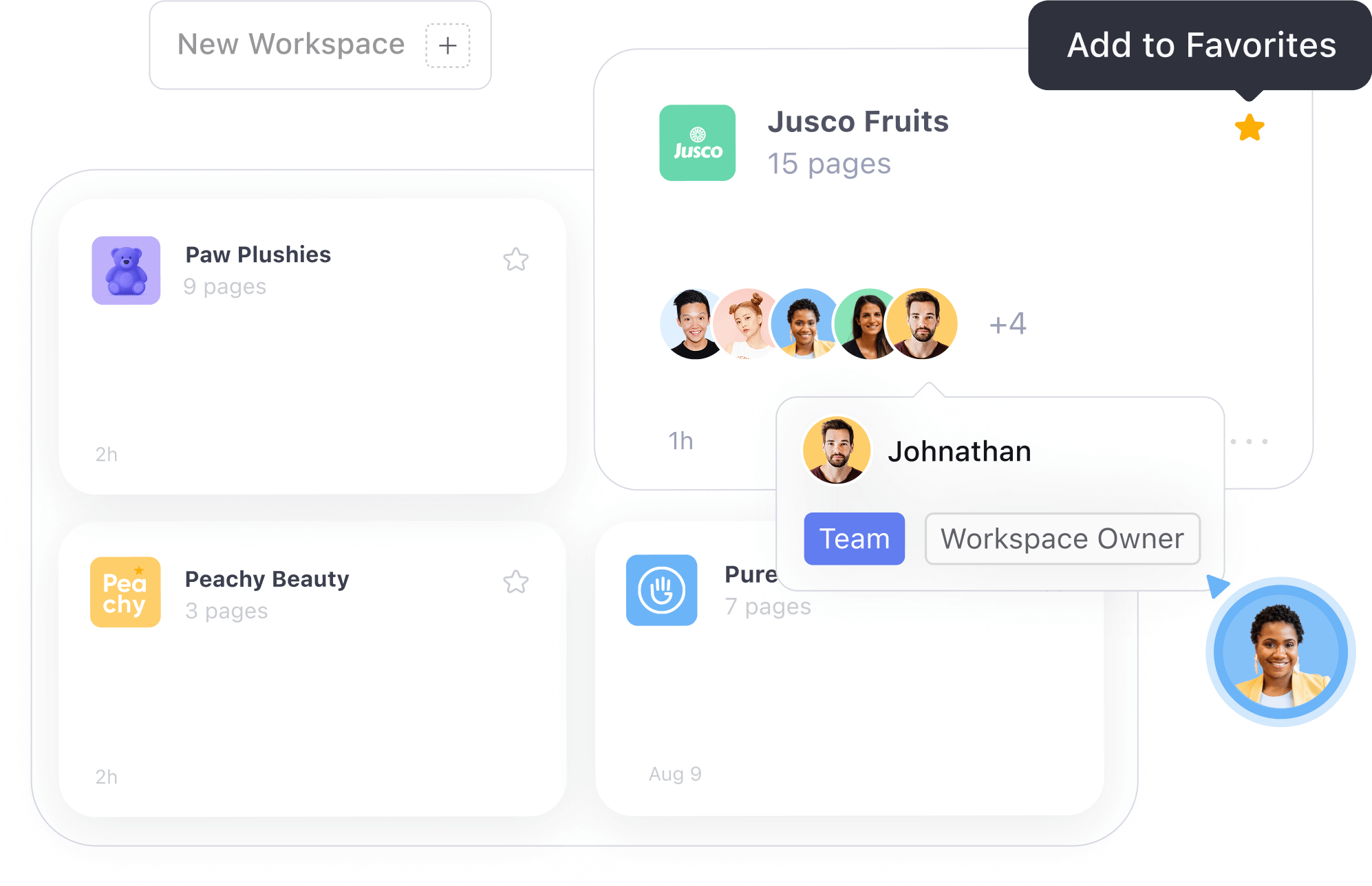 Planable interface showing multiple social media workspaces with team members, pages, and favorites.