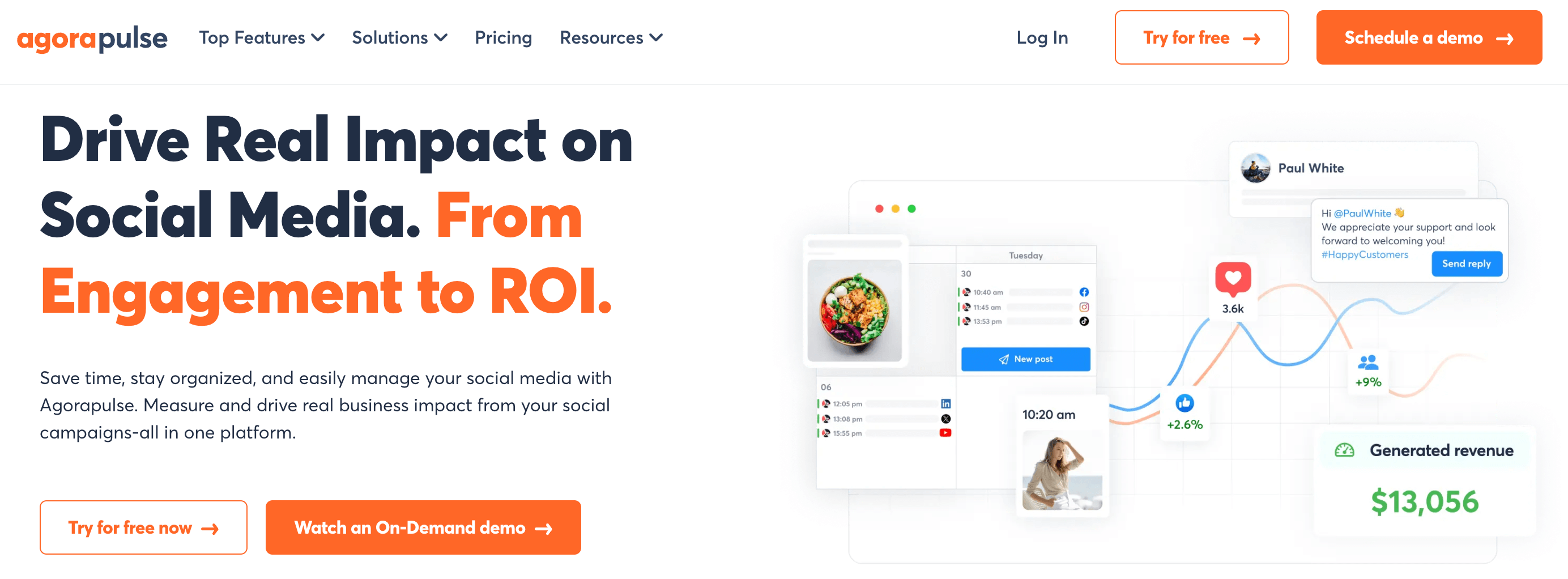 Agorapulse homepage highlighting social media management tools to boost engagement and measure ROI with visual analytics.